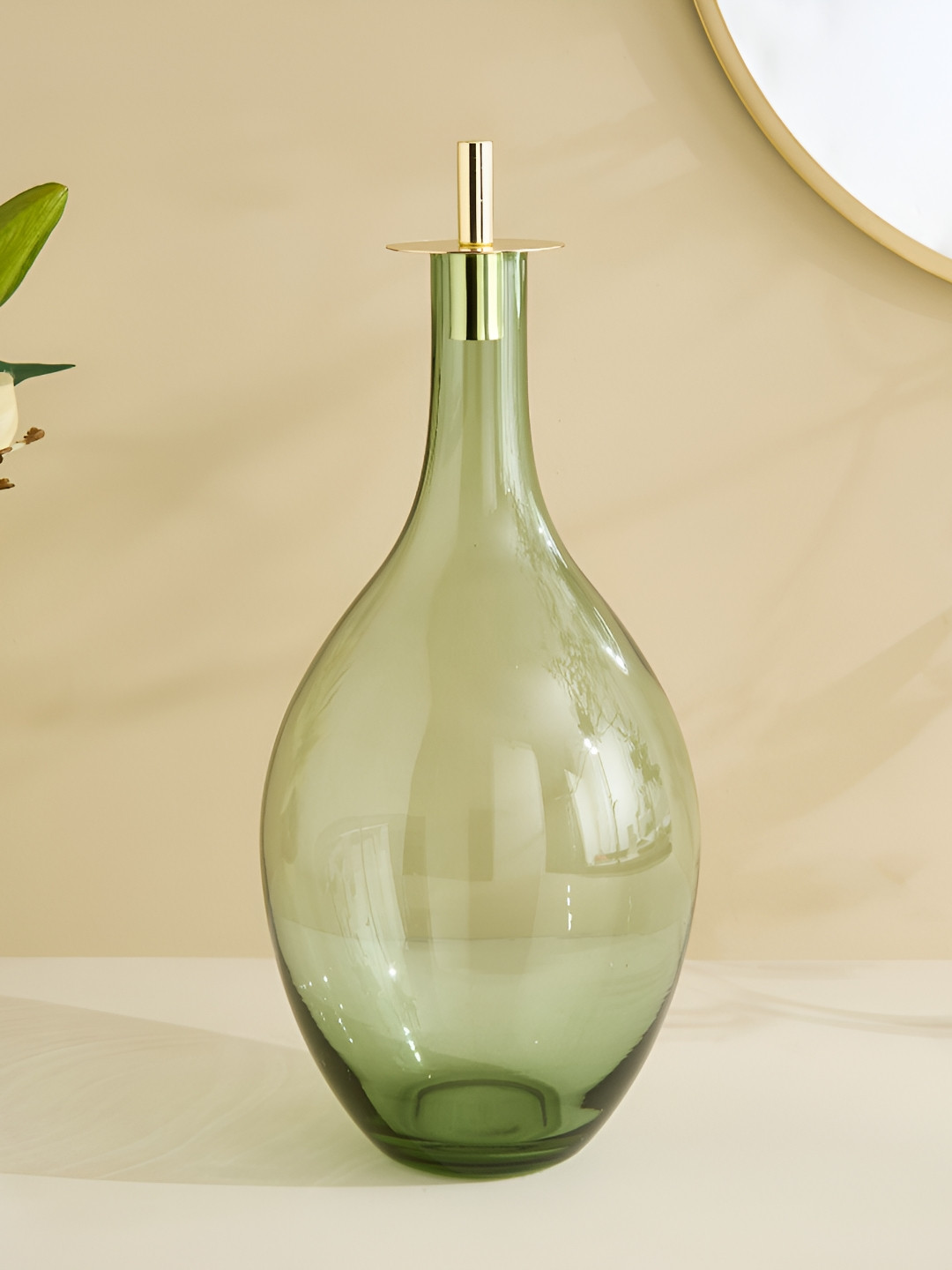 Home Centre Botanica Flufois Green Glass Flower Vase With Metal Rim