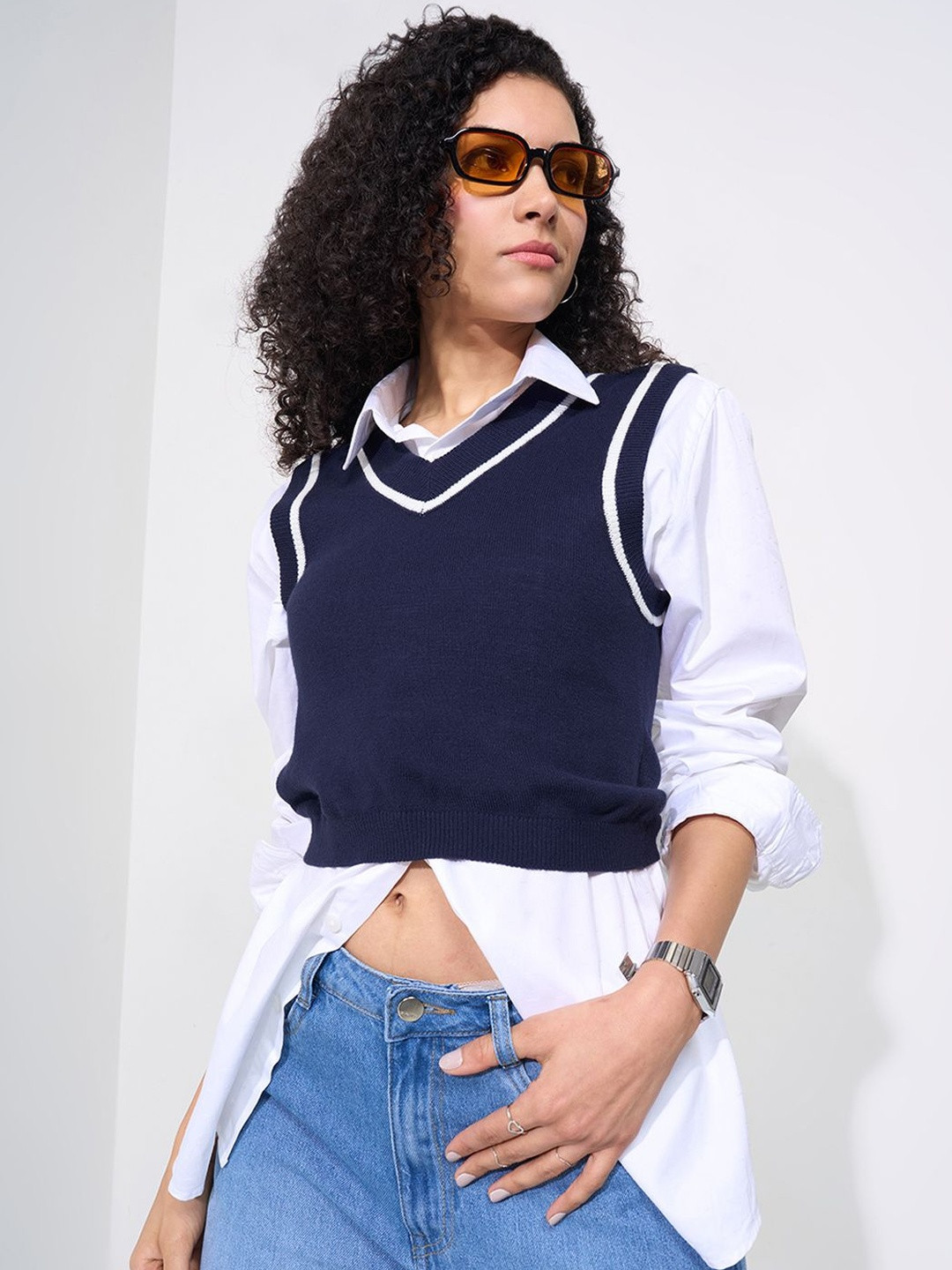 SF JEANS by Pantaloons Women V-Neck Sleeveless Crop Sweater Vest
