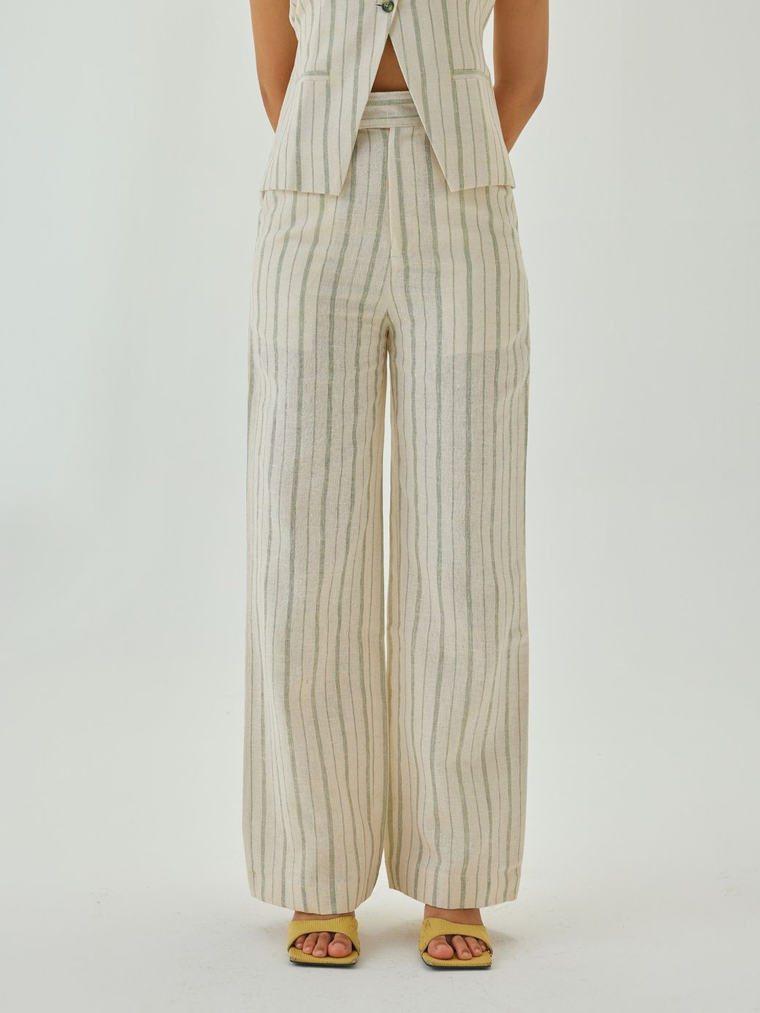 Shop Staple Women Off White & Green Linen Striped Straight Pants