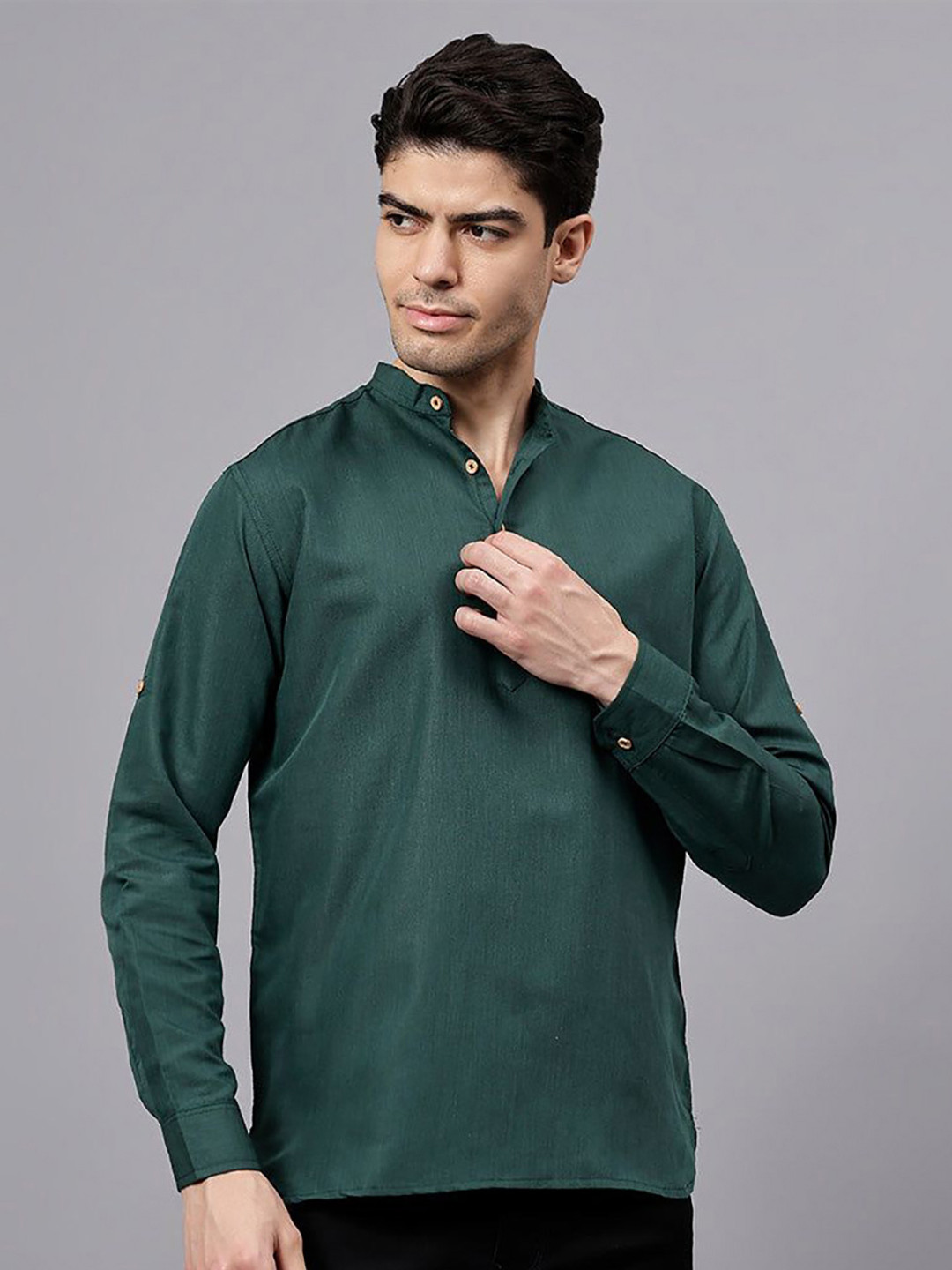 Stitchy Head Men Band Collar Roll-Up Sleeves Cotton Kurta