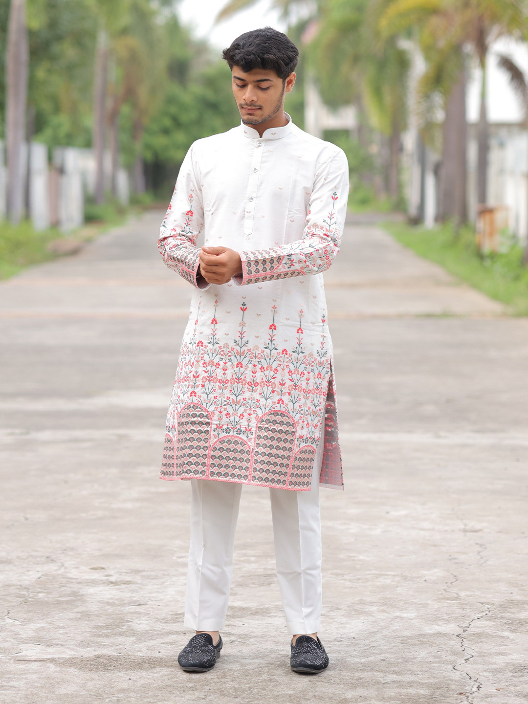House Of Sanskruti Men Floral Woven Design Festive Silk Straight Kurta