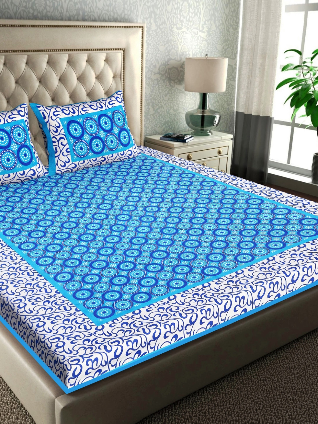 Cotton Choice White & Blue Cotton 180 TC King Bedsheets Set-2.15 m x 2.35 m