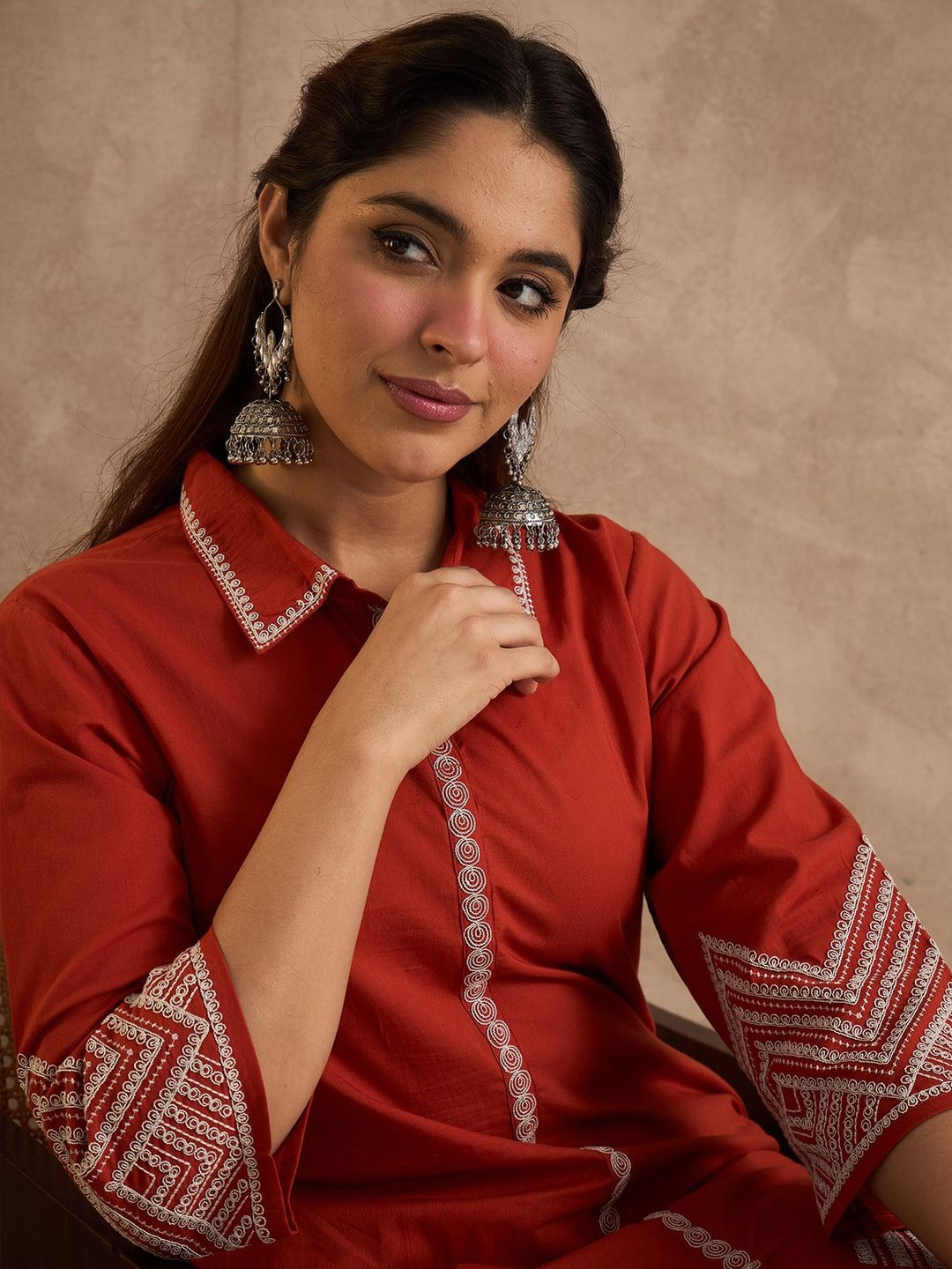 Indo Era Geometric Embroidered A-Line Thread Work Pure Cotton Kurta With Palazzos