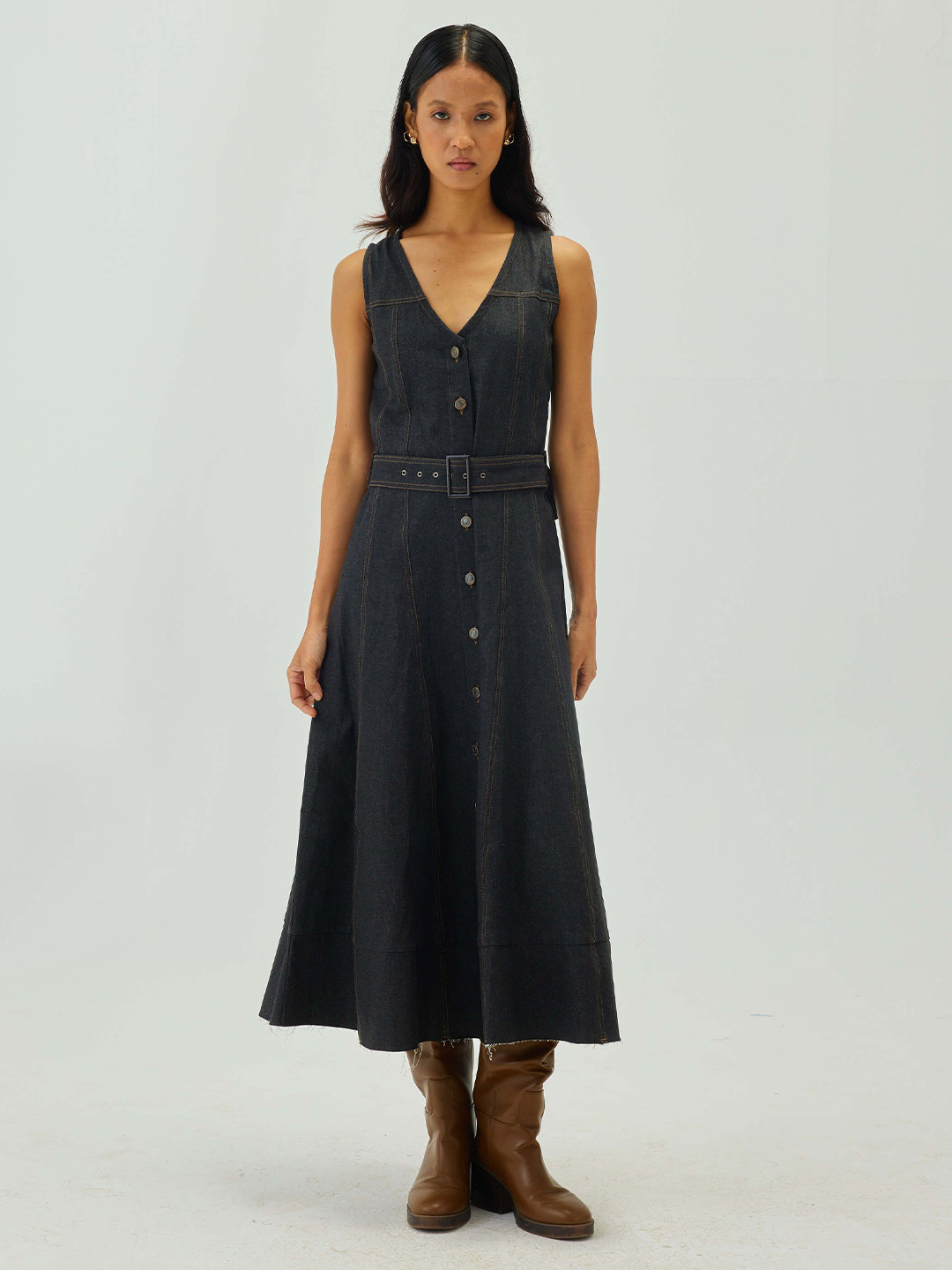 Shop Staple Graphite Top Stitch Belted Midi Dress