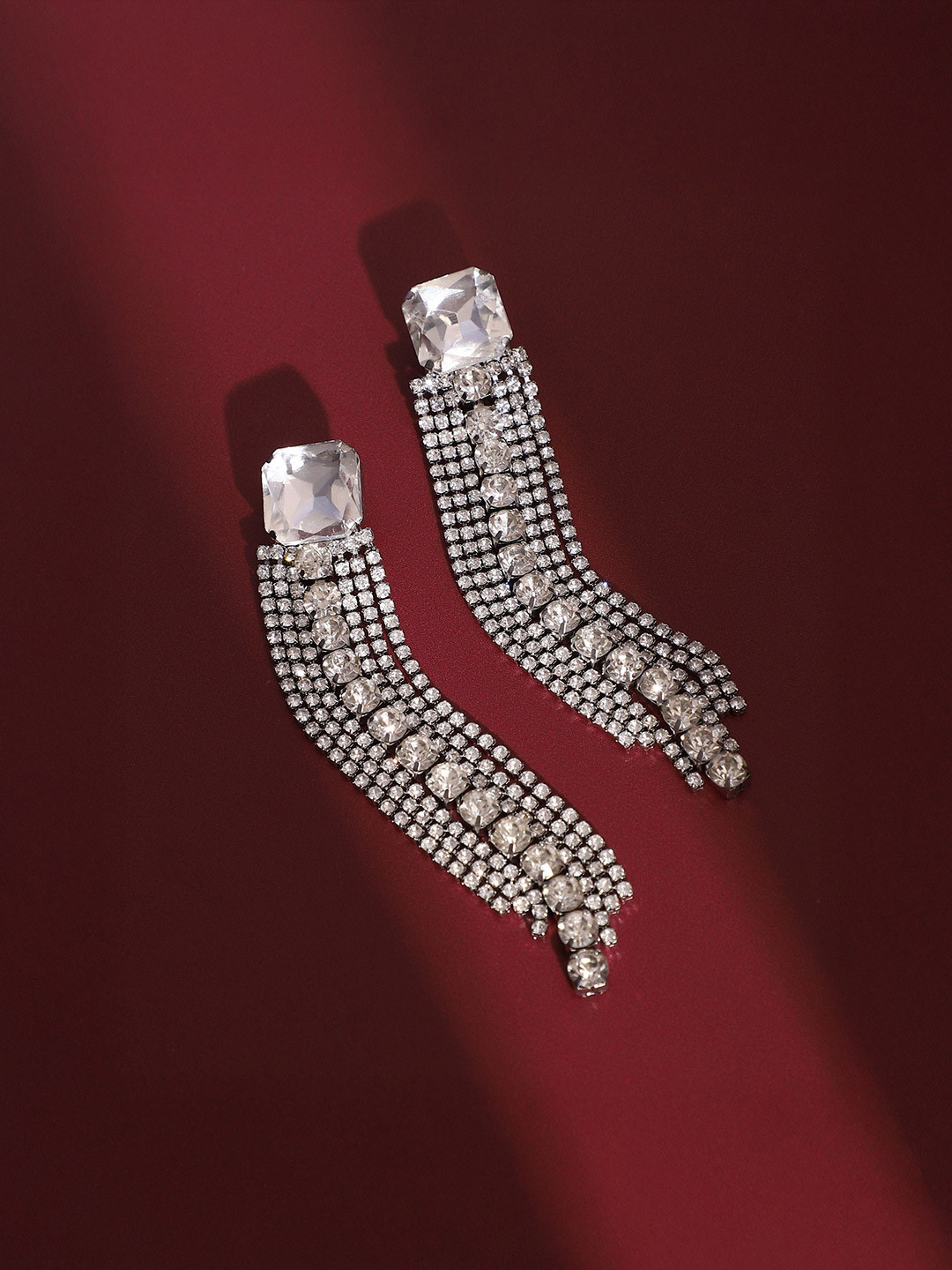 SOHI Silver-Plated Artificial Stones Studded Bijou-Quad Drop Earrings