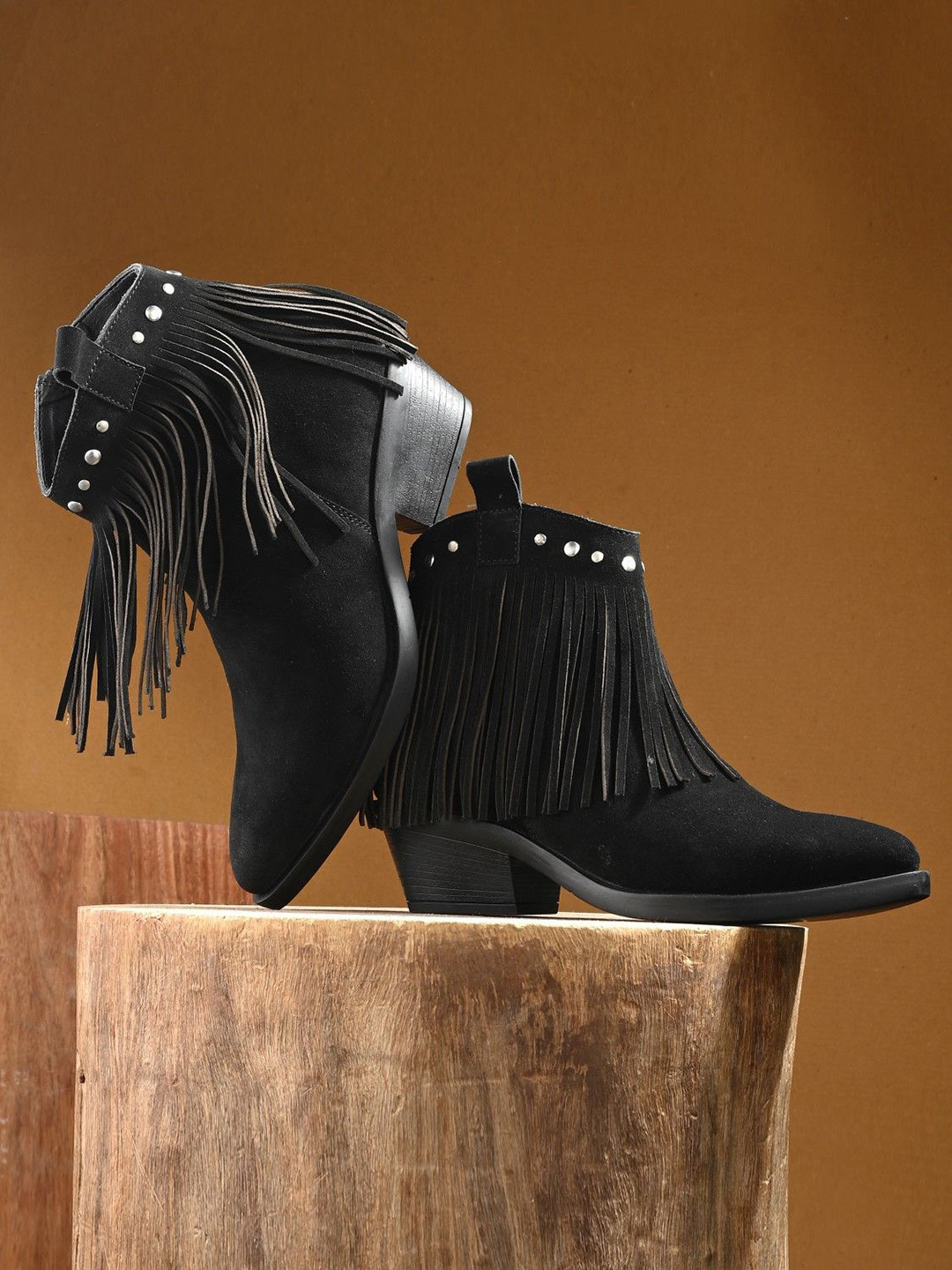 San Frissco Women Casual Round Toe Block Fringes Cowboy Boots
