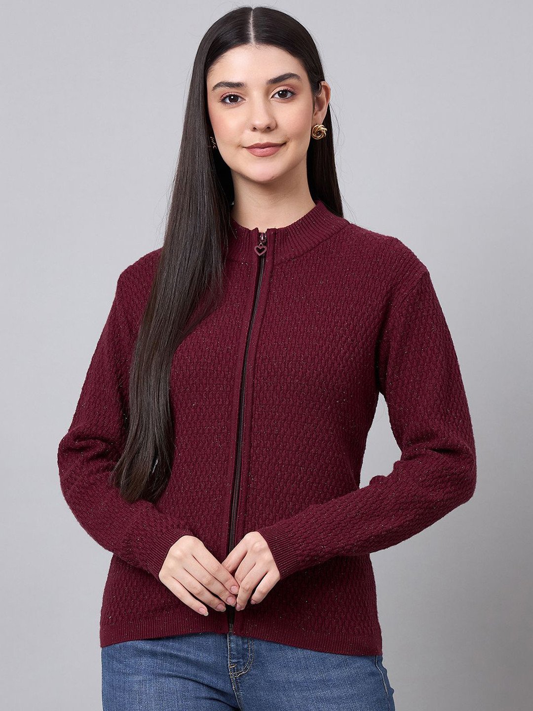 Spink Women Self Design Mock Collar Cardigan Sweaters