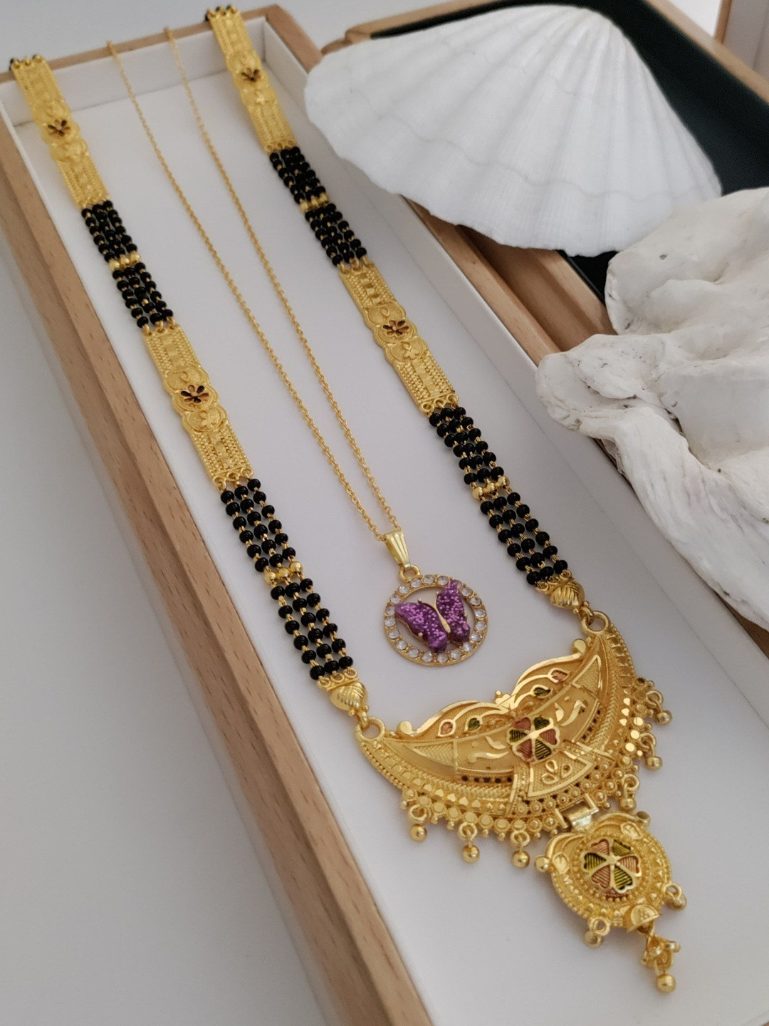 OM KRISHIV COLLECTION Set Of 2 Gold Plated Brass Mangalsutras With Chain With Pendant