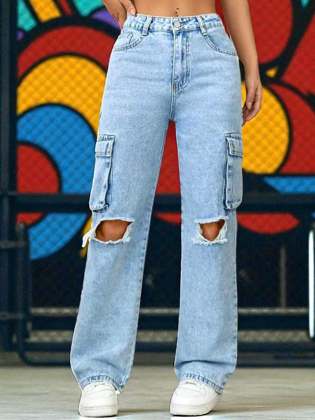 ROBECULT COLLECTION Women Comfort Wide Leg High-Rise Slash Knee Light Fade Acid Wash Stretchable Jeans