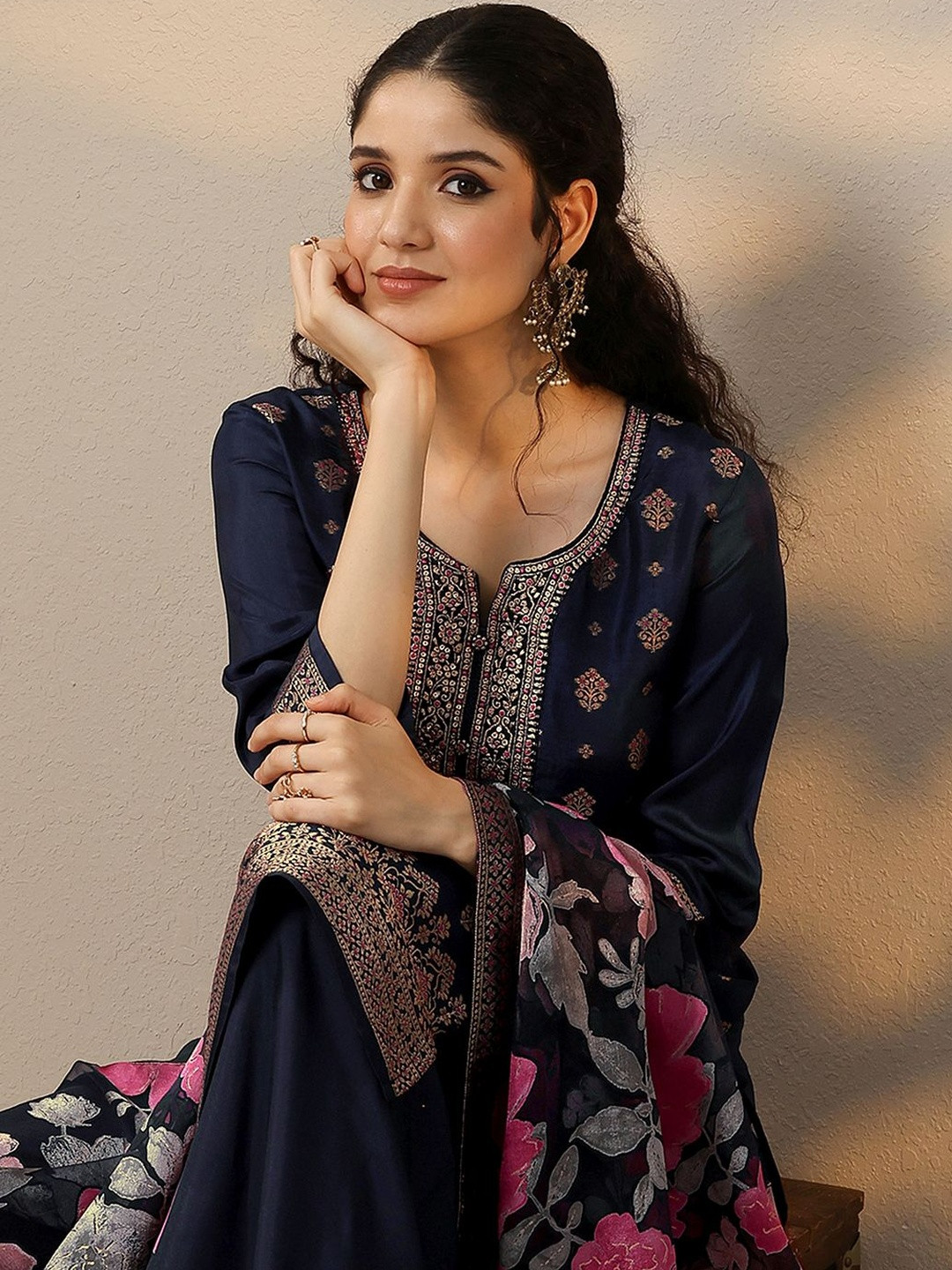 Libas Woven Design Thread Work Straight Kurta With Trousers & Dupatta