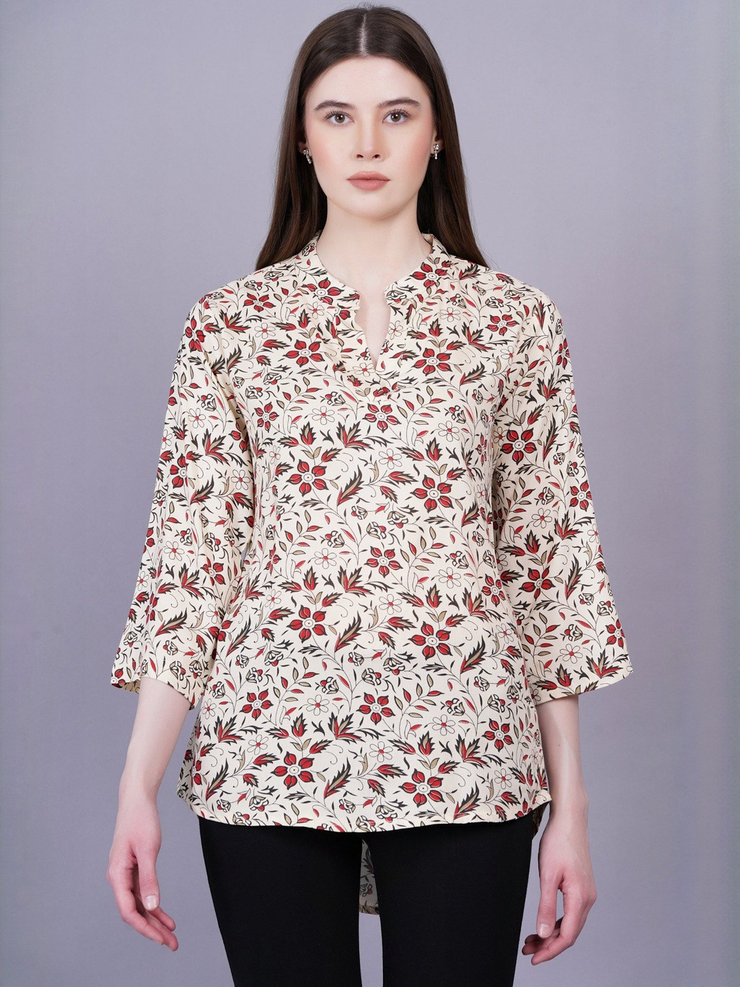 HIGHLIGHT FASHION EXPORT Women Floral Printed Cut Out Mandarin Collar Top