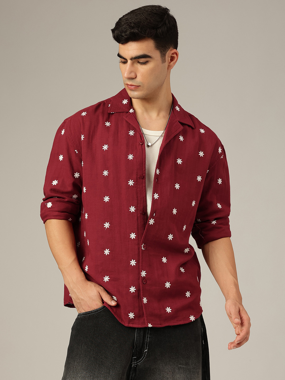 DENNISON Muslin Double Gauge Embroidered Casual Relaxed Fit Shirt