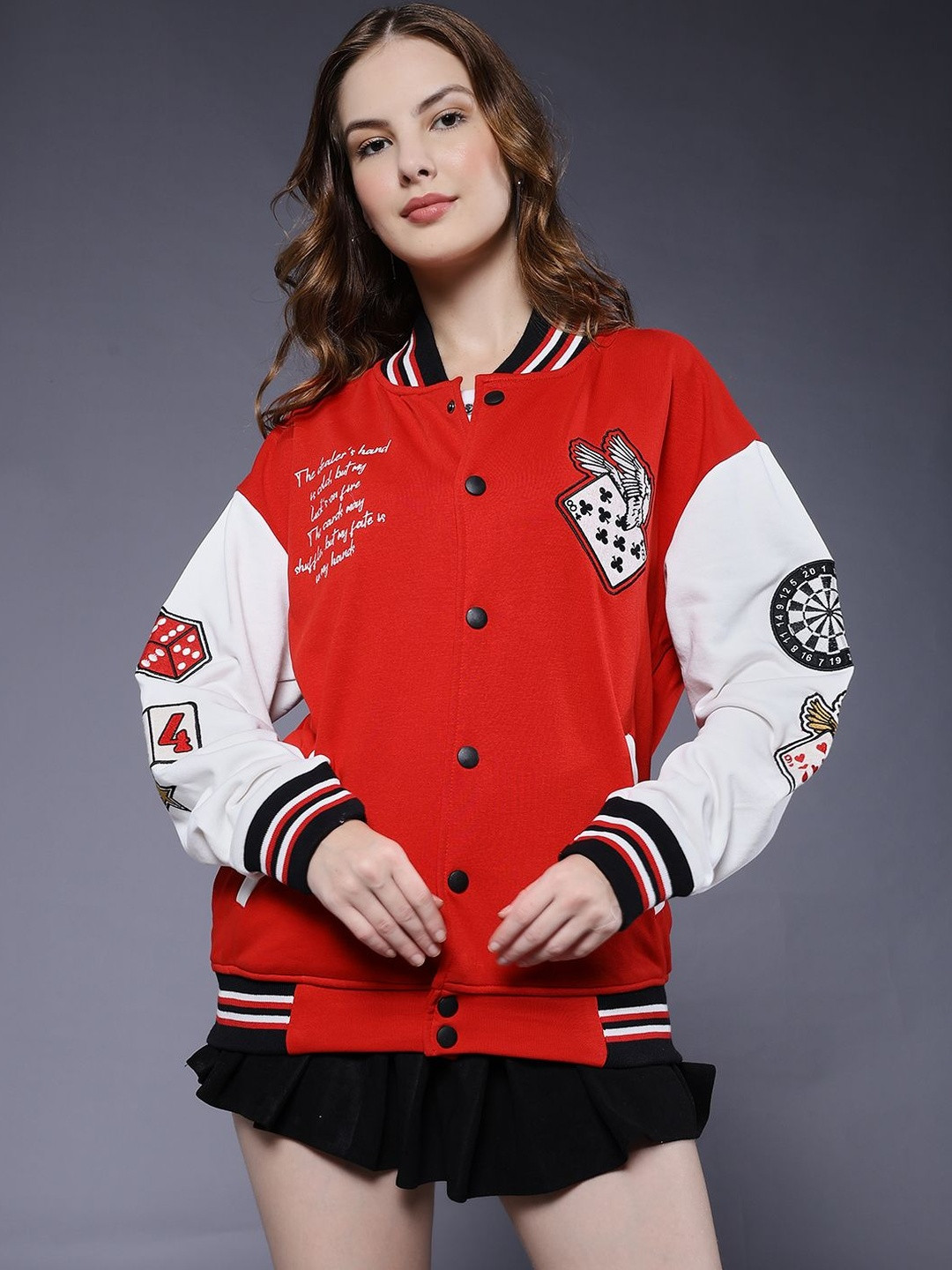 PRONK Women Red Cards Varsity Long Sleeves Embroidered Bomber Jacket