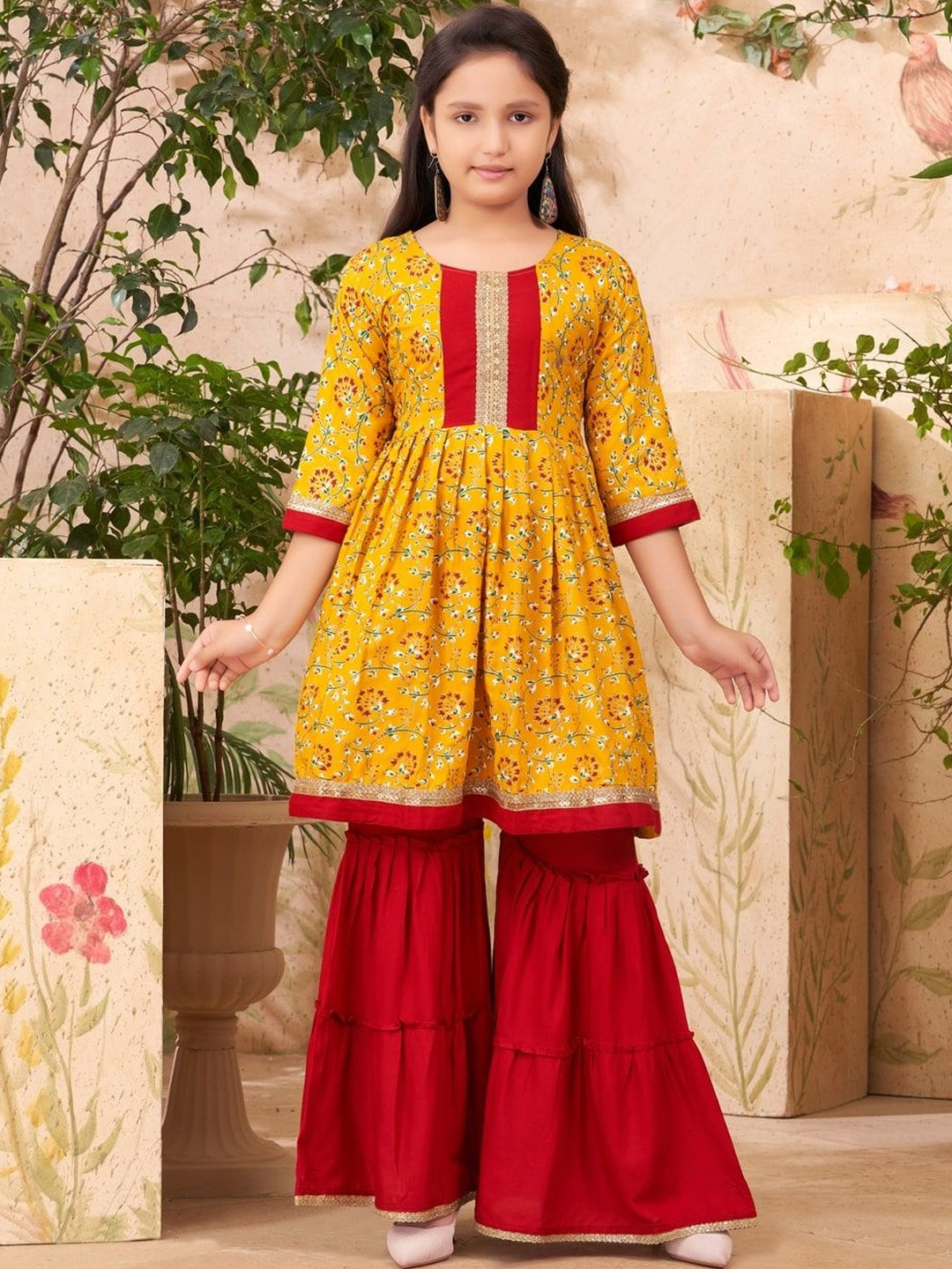 BAESD Girls Printed Knee Length Regular Gotta Patti A-Line Kurta with Sharara