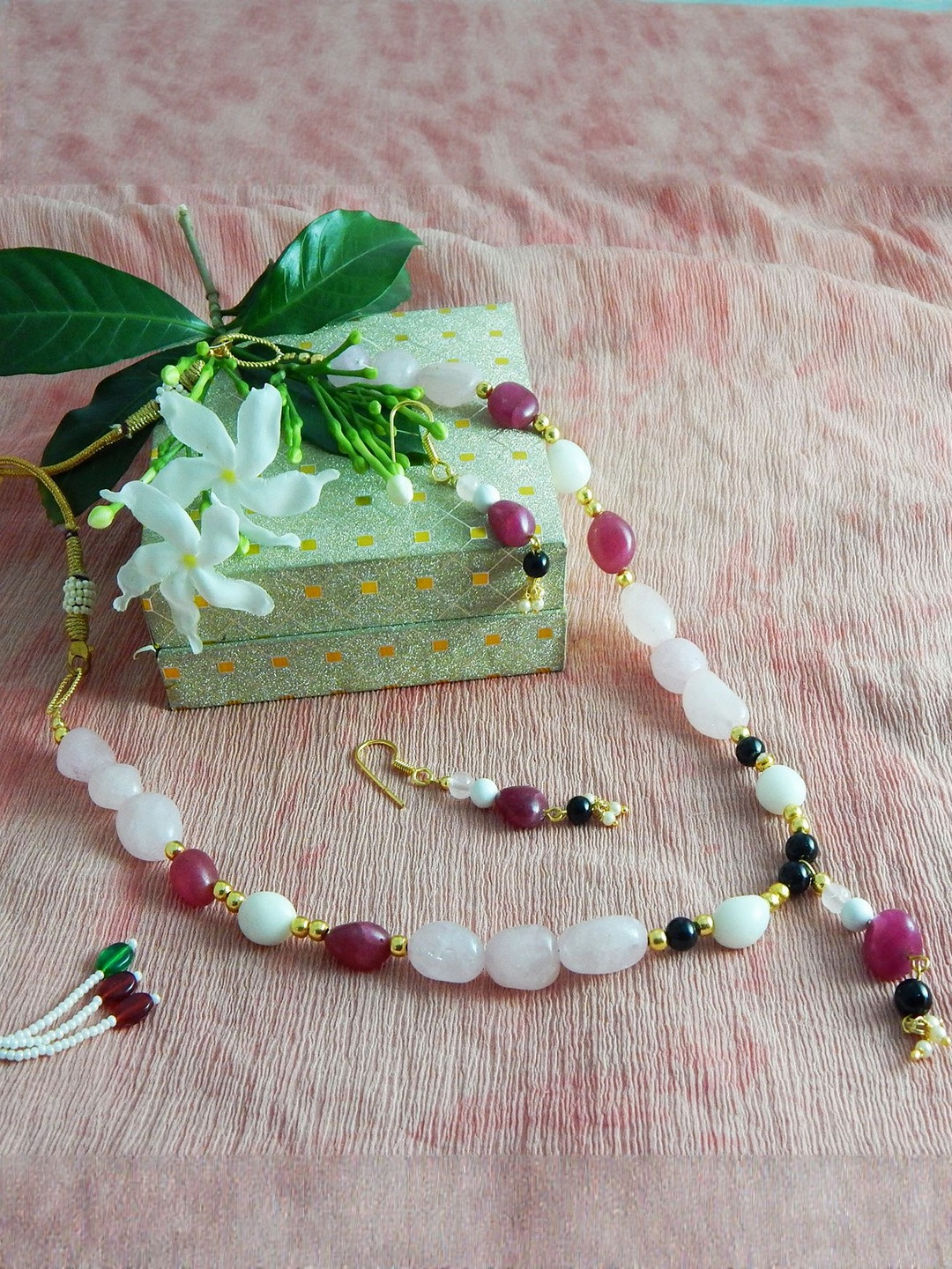 Jaya Vision Jewelry Women Gem Tumble Rose Quartz & Ruby Tummble Necklace and Earrings