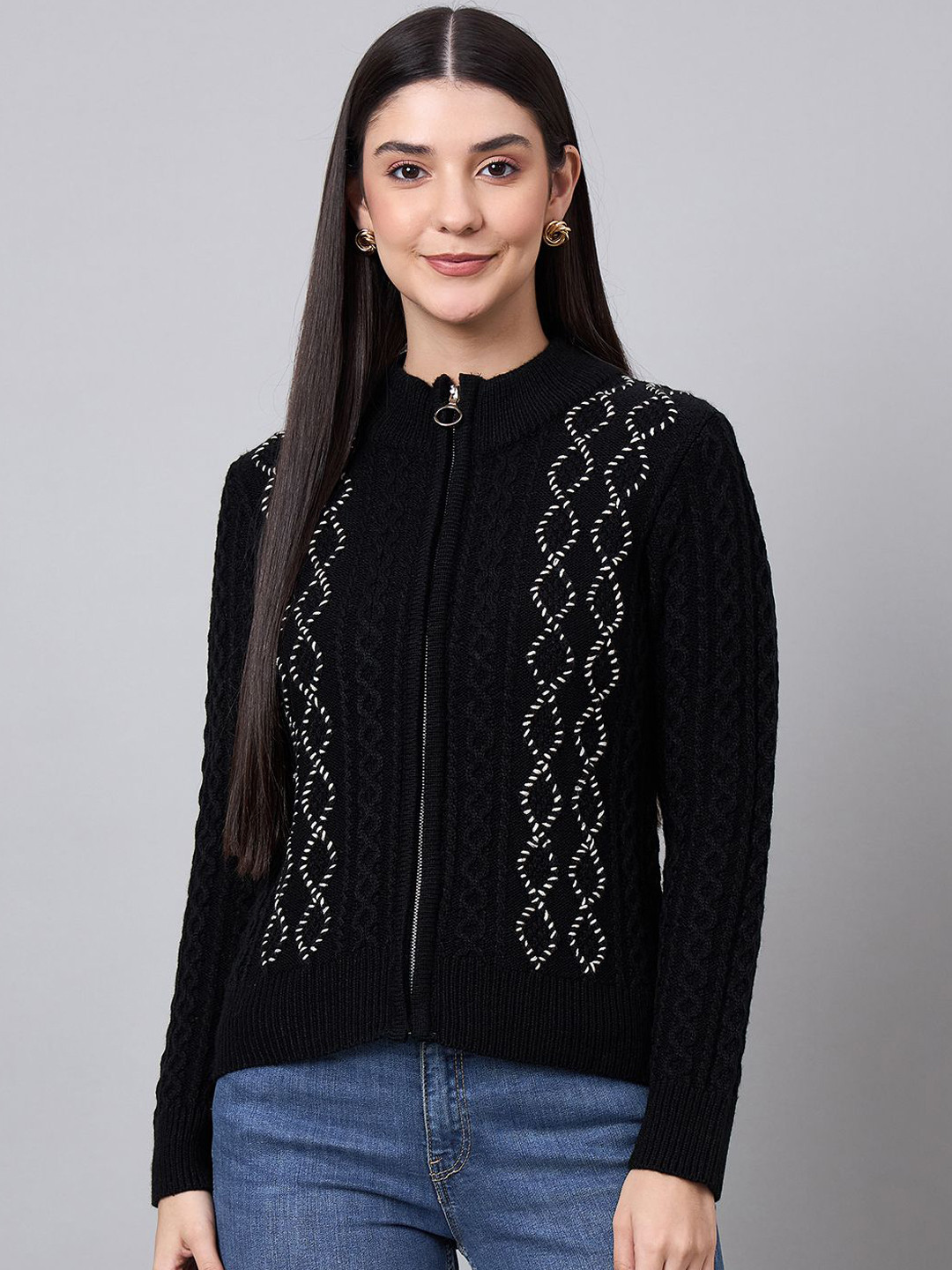 Spink Women Self Design Mock Collar Cardigan Sweaters