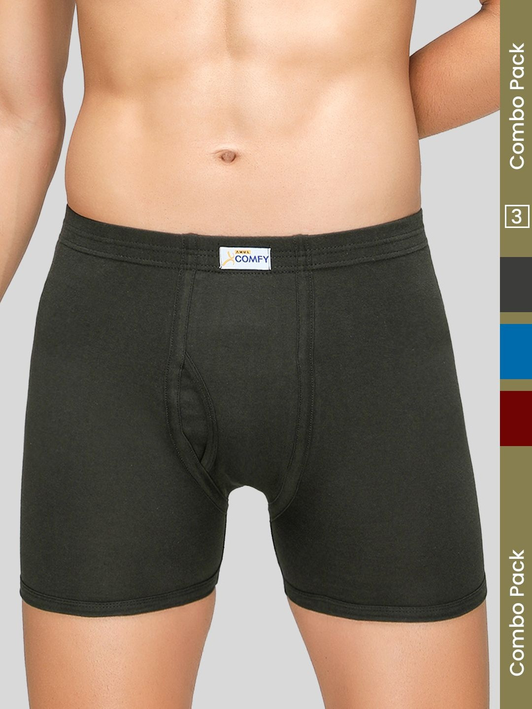 Amul Comfy Men Pack of 3 Assorted Plain Cotton Trunk Briefs