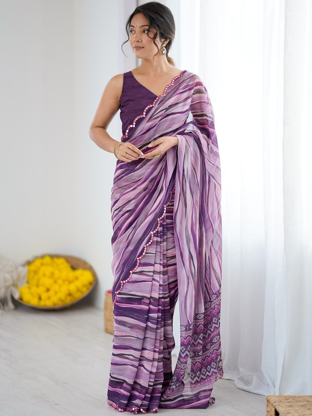LeeliPeeri Designer Striped Printed Mirror Work Scallop Border Saree