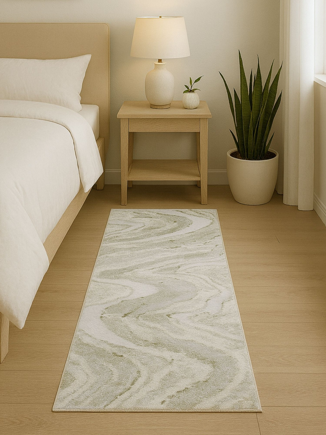 OBSESSIONS Cream & Green Abstract Water-Repellant Ecological Bedside Runner