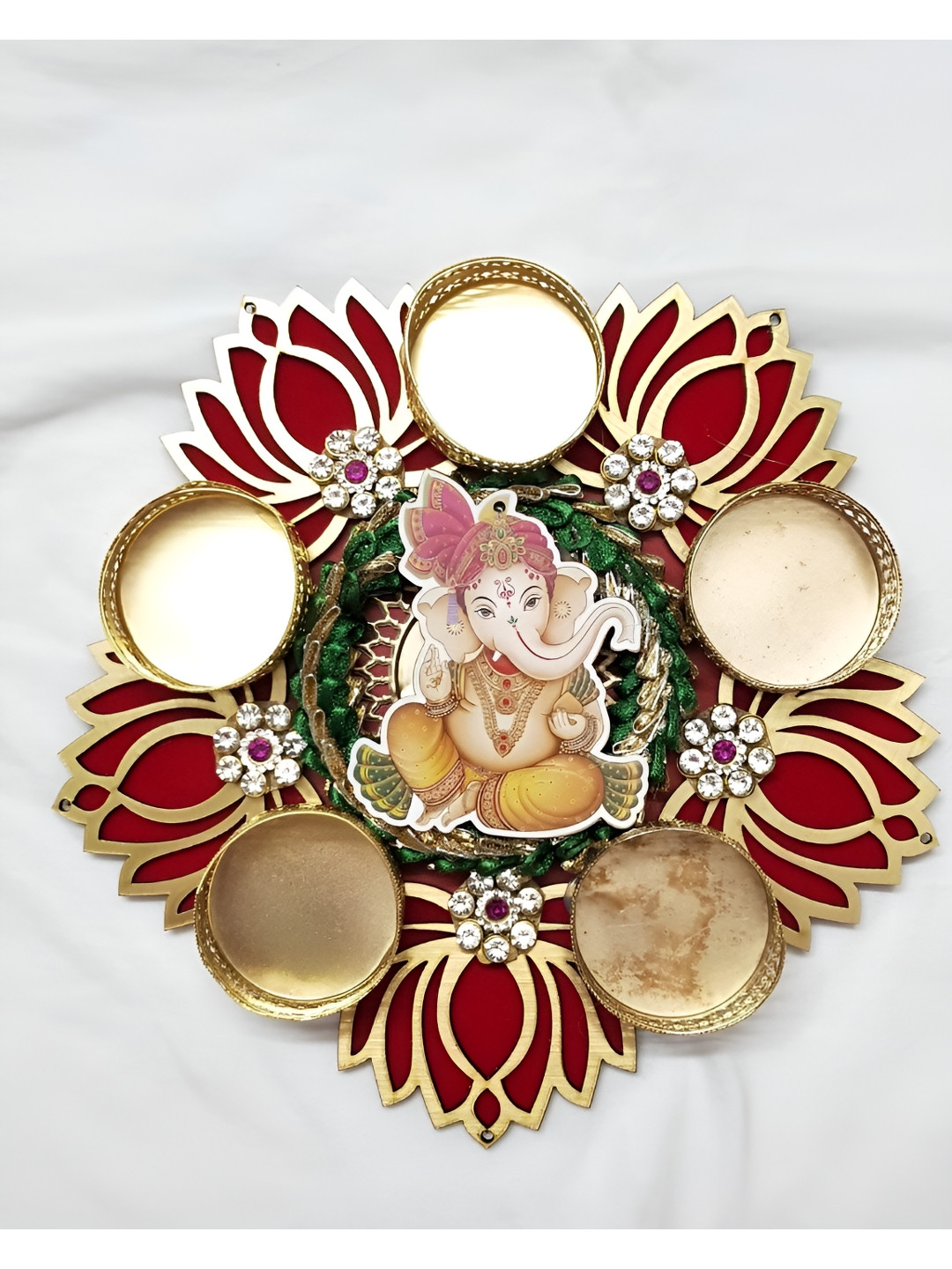 Sellplus Red & Green Ganesh Jii Lotus With Lace Chudi Candle Holder Rangoli
