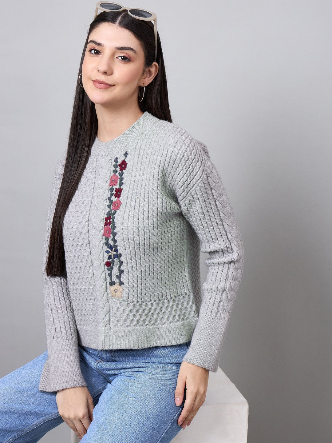 Spink Women Self Design Cable Knit Embroidered Pullover