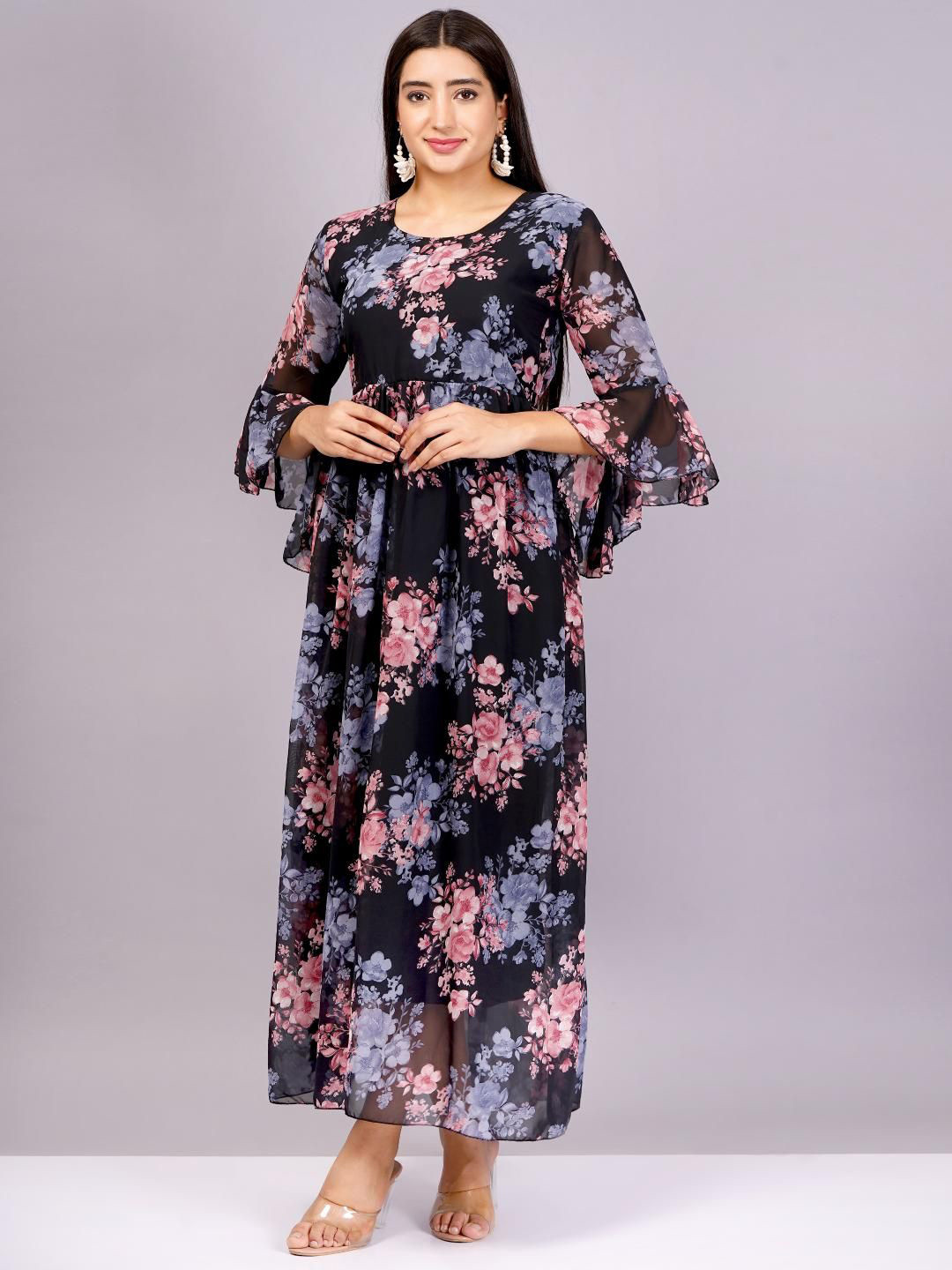 HIGHLIGHT FASHION EXPORT Women Flutter Sleeve Georgette Fit & Flare Maxi Dress