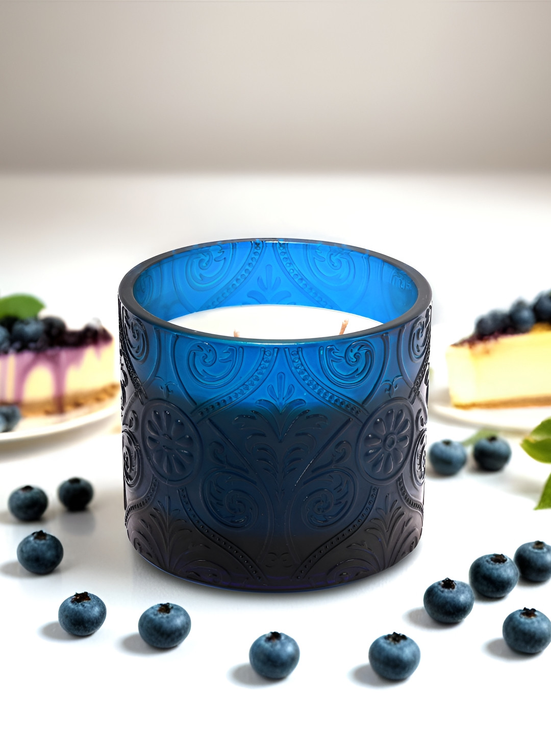 MAEVA White & Blue Embossed Scented Geometric Textured Jar Candle