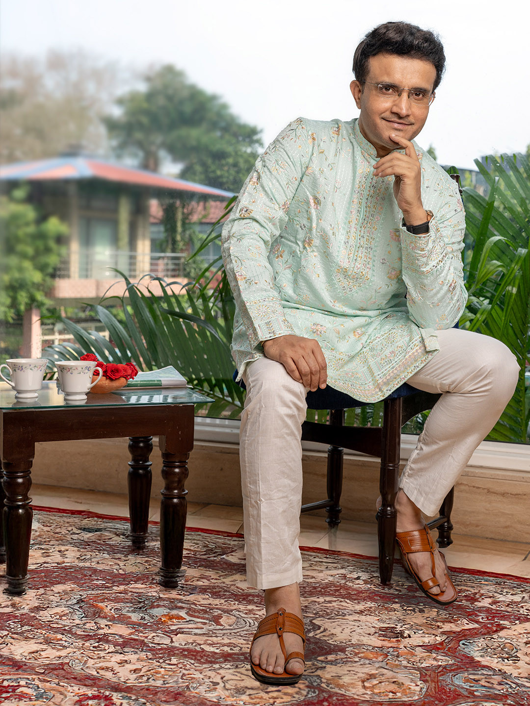 Souragya Men's Classic Silk Sky Blue Printed With Sequins Work Kurta Set