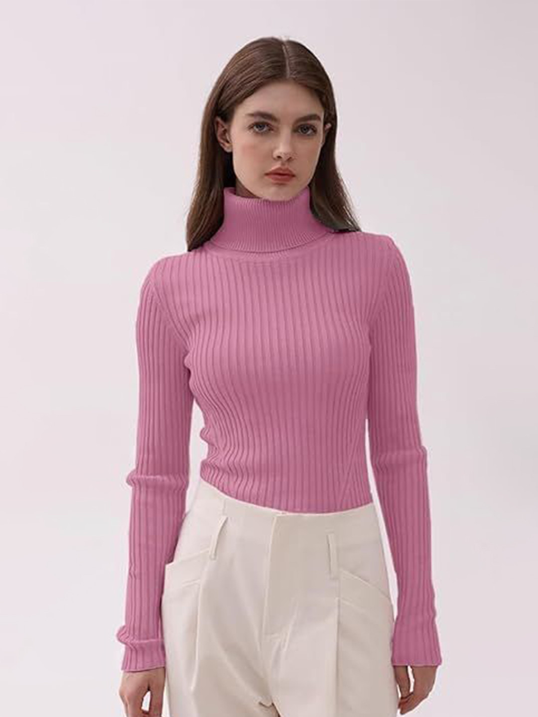 Sheffali Creation Women Ribbed Turtle Neck Pullover Sweater
