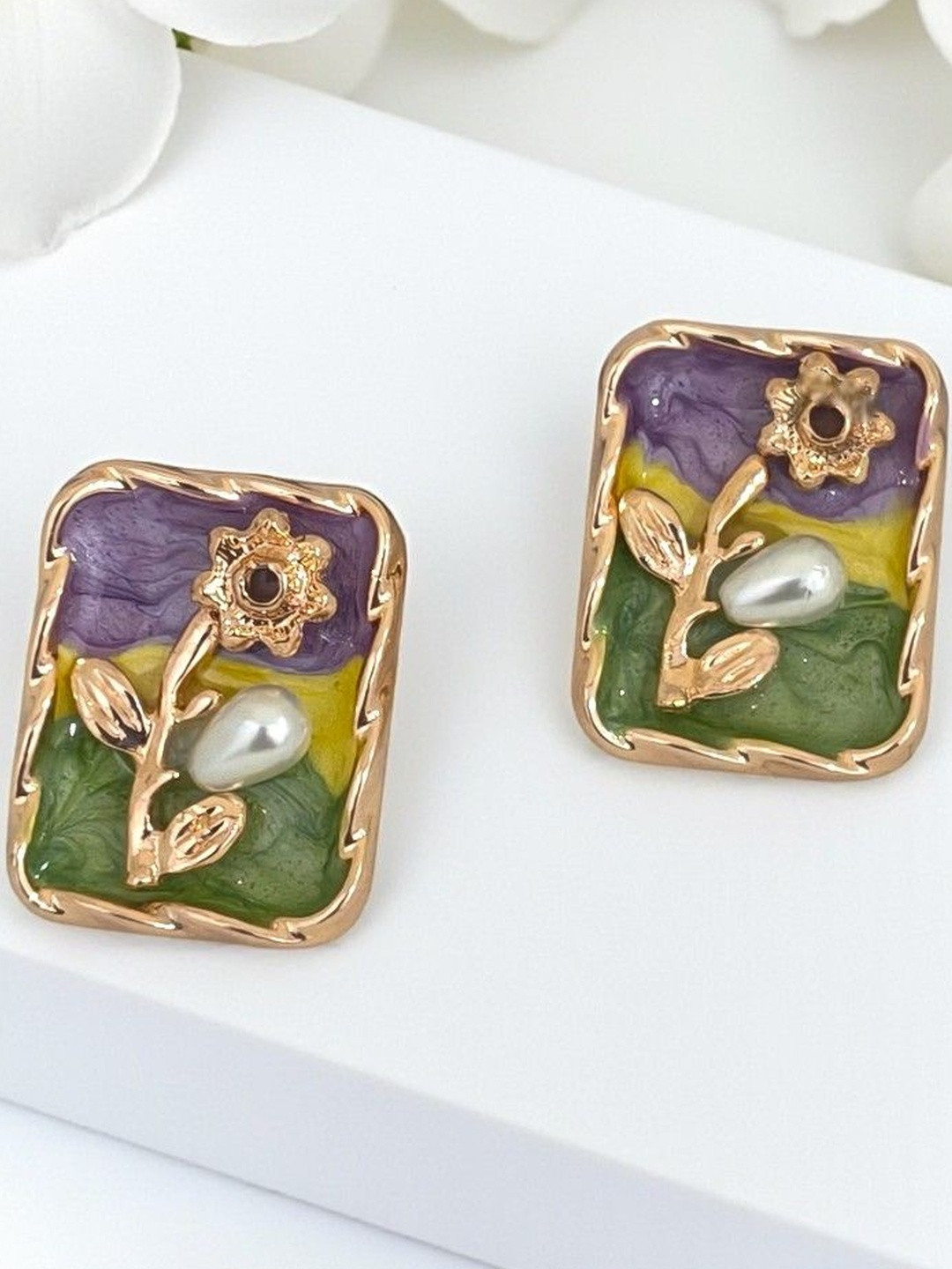 AVANT-GARDE PARIS Rose Gold-Plated Pearls Studded Rectangular Shaped Studs