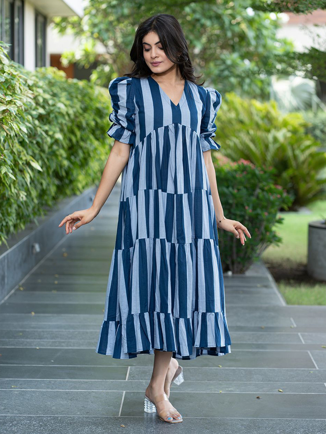 In Your Dreams Women Striped Puff Sleeve Fit & Flare Midi Dress