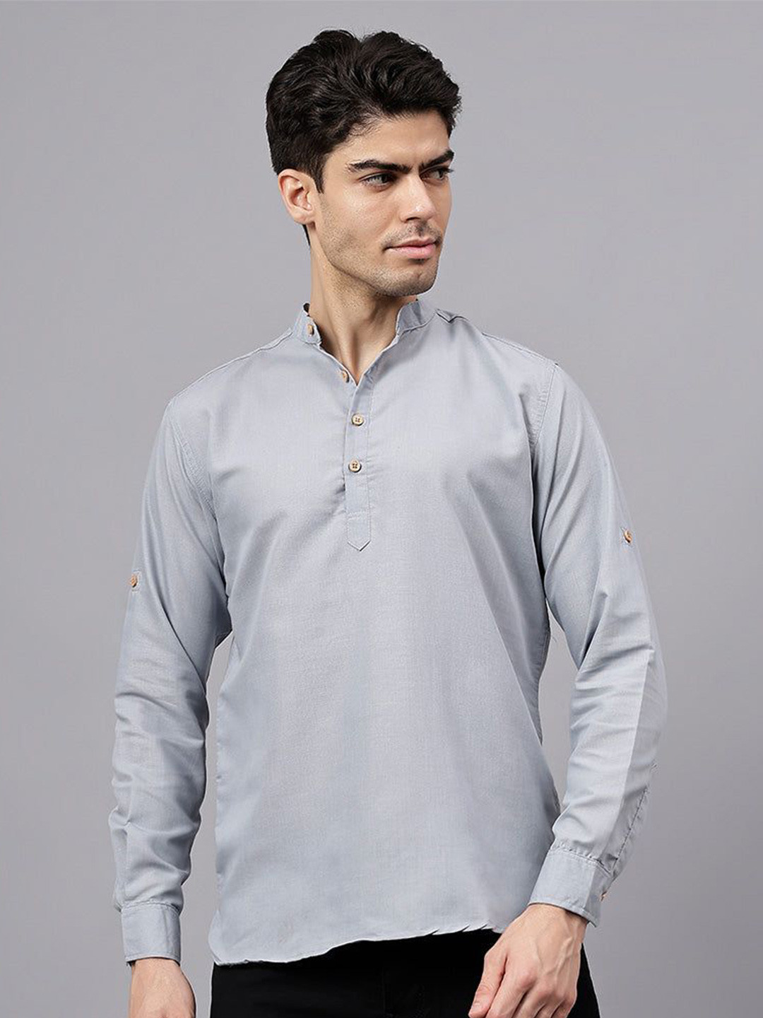 DEVA Traditional Woven Design Mandarin Collar Roll Up Sleeves Straight Cotton Kurta