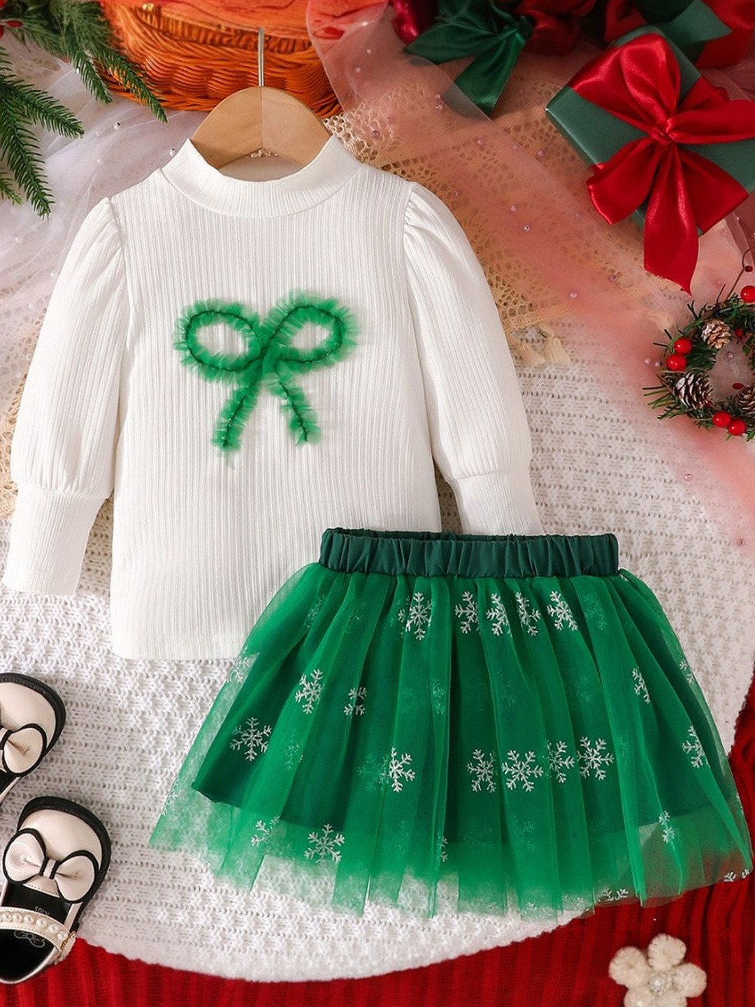 YK Girls Green & White Bow Embellished Polyester High Neck Top With Skirt