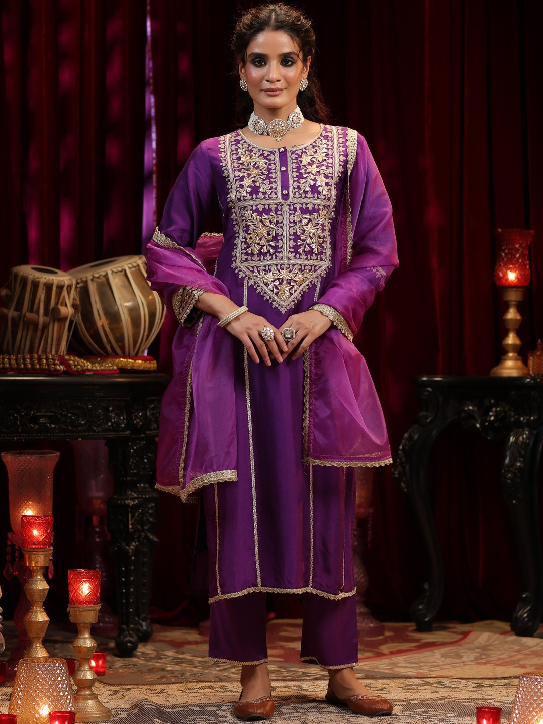 SCAKHI Women Purple Yoke Design Gota-Dori Dupion Silk Kurta & Trouser With Dupatta