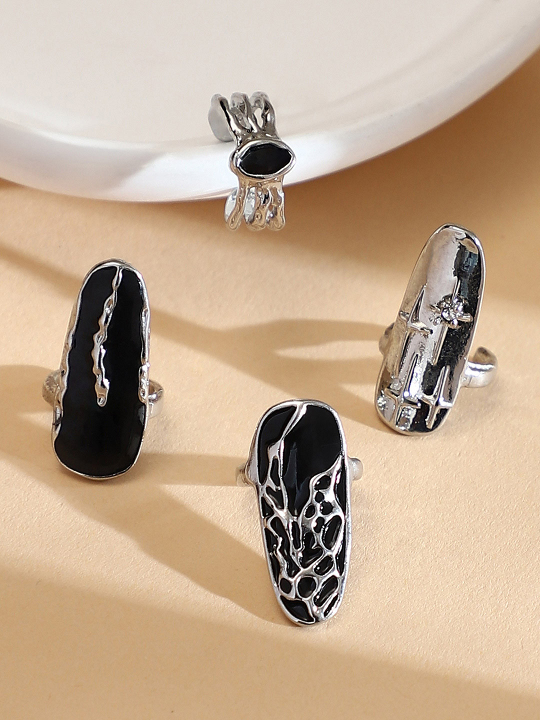 SOHI Set Of 4 Silver-Plated Enamel Goliath Nail Finger Rings