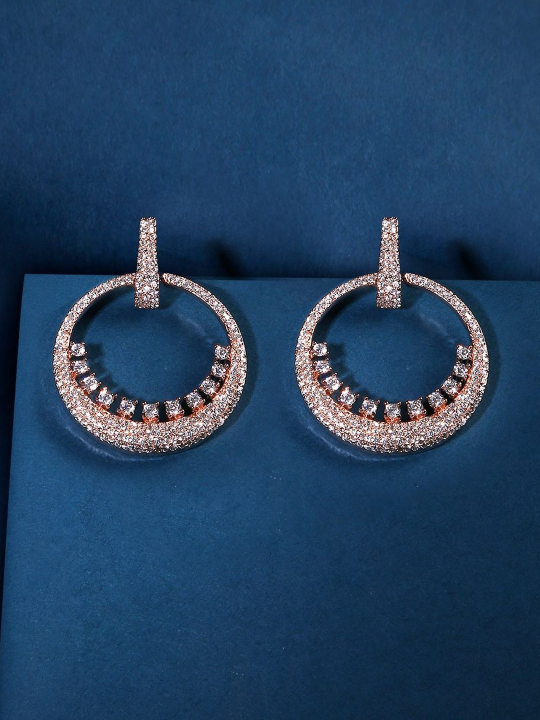 QUEENS NECK Rose Gold-Plated American Diamond Studded Circular Shaped Hoop Earrings