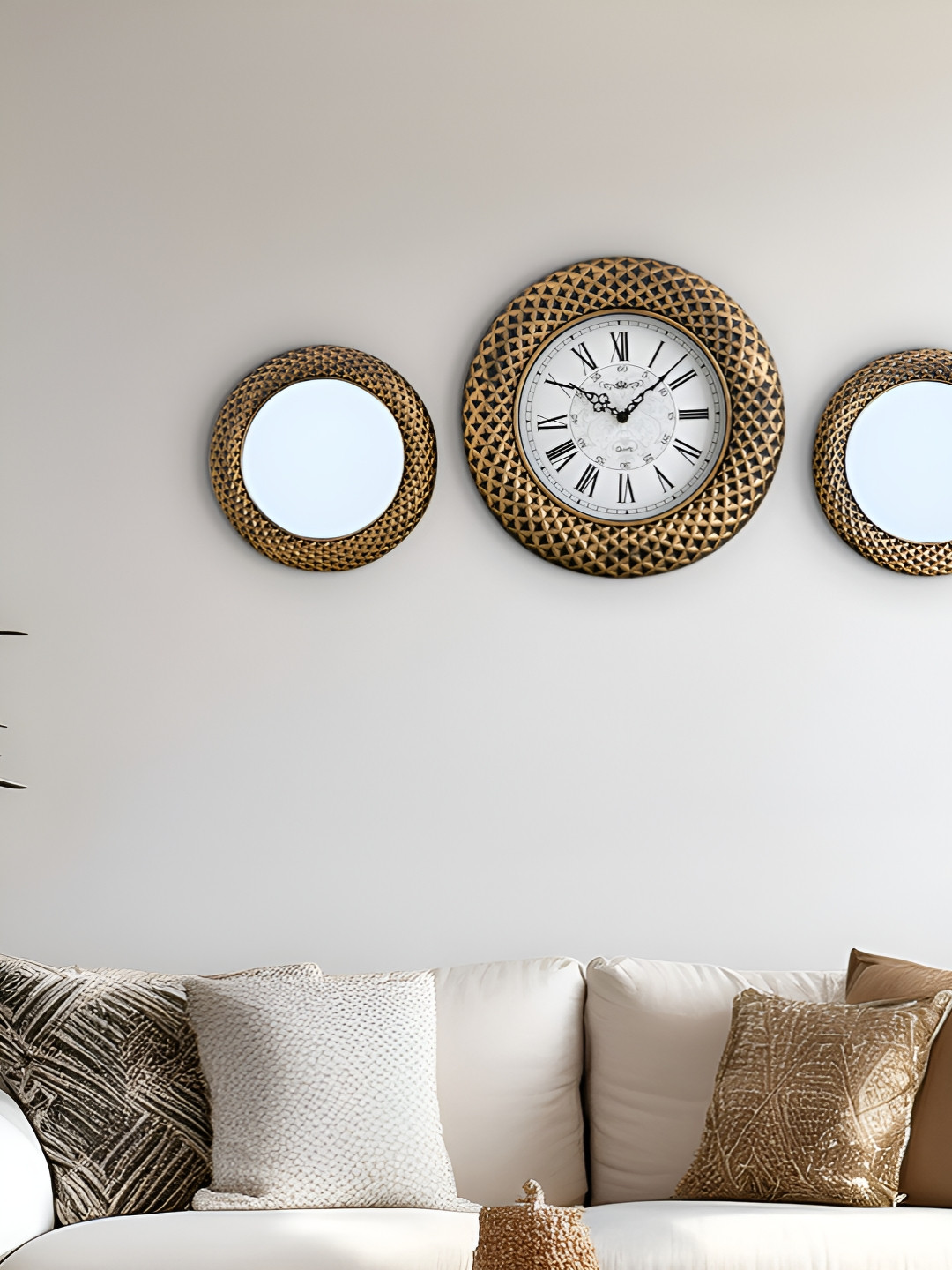 Home Centre Corvus Brown & White 3 Pcs Festive Mystic Decorative Mirrors With Wall Clocks