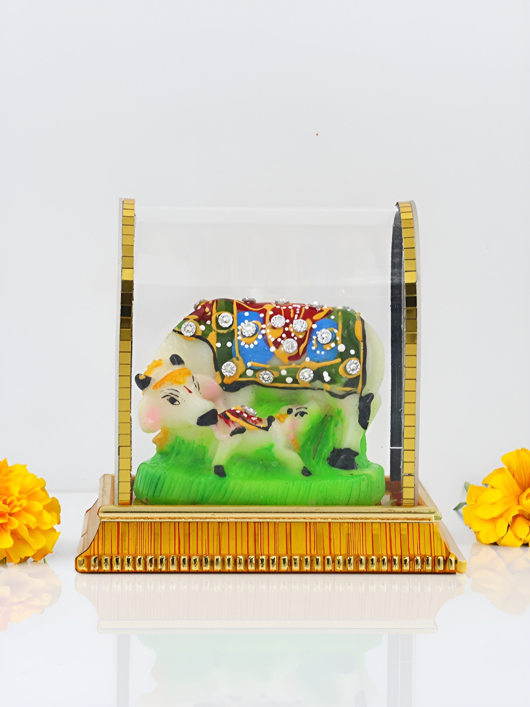 INTERNATIONAL GIFT  Green & Off White Kamdhenu Statue Religious Idol Showpiece