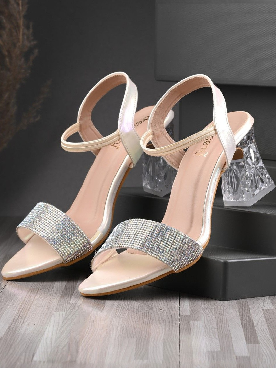 DressBerry Women Gold Embellished Pointed Toe Backstrap Block Heel Sandal