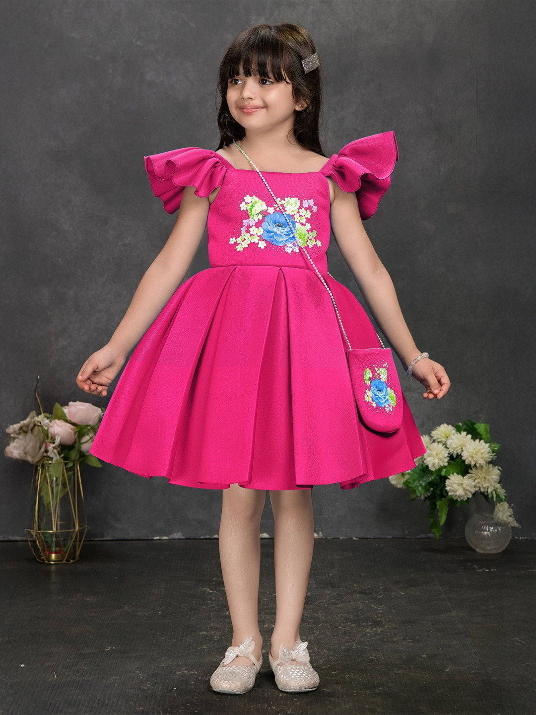 Lagorii Girls Pink Floral Printed Flutter Sleeves Dress with Sling Bag