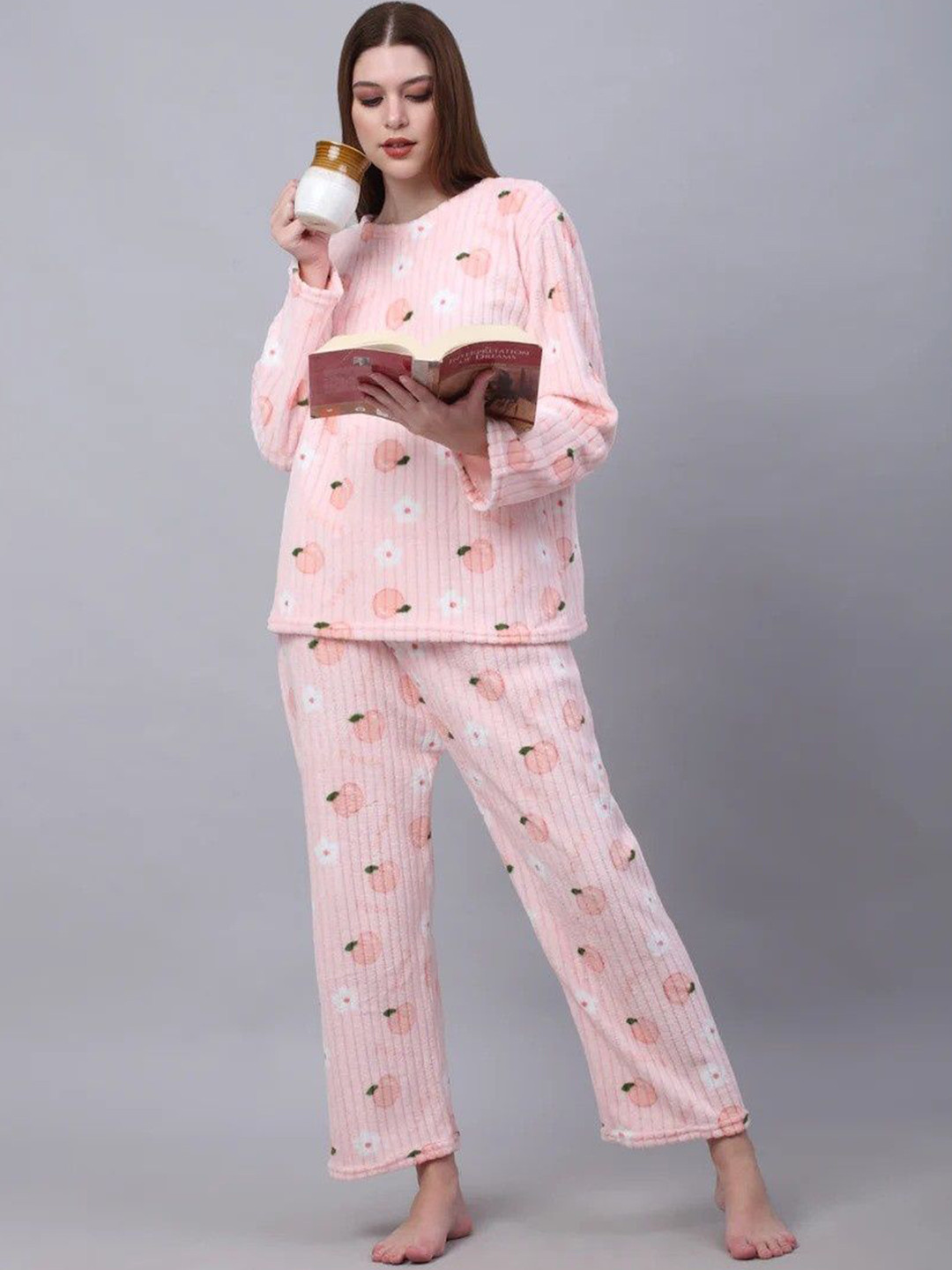 Uttam Women Pink Round Neck Pure Cotton Long Sleeves Everyday Nightdress
