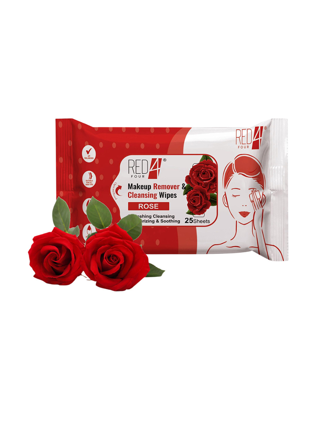 RED 4 Makeup Remover & Cleansing Wipes- 25 Wipes- Rose