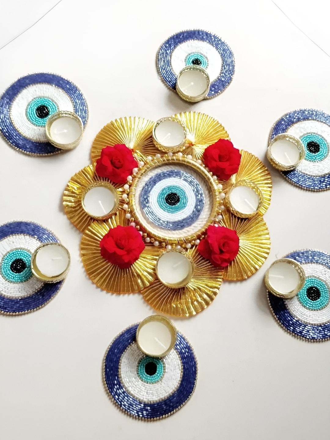 Sellplus White & Blue 7 Pieces Decorative Evil Eye With Moti Chudi Candle Holder Rangoli