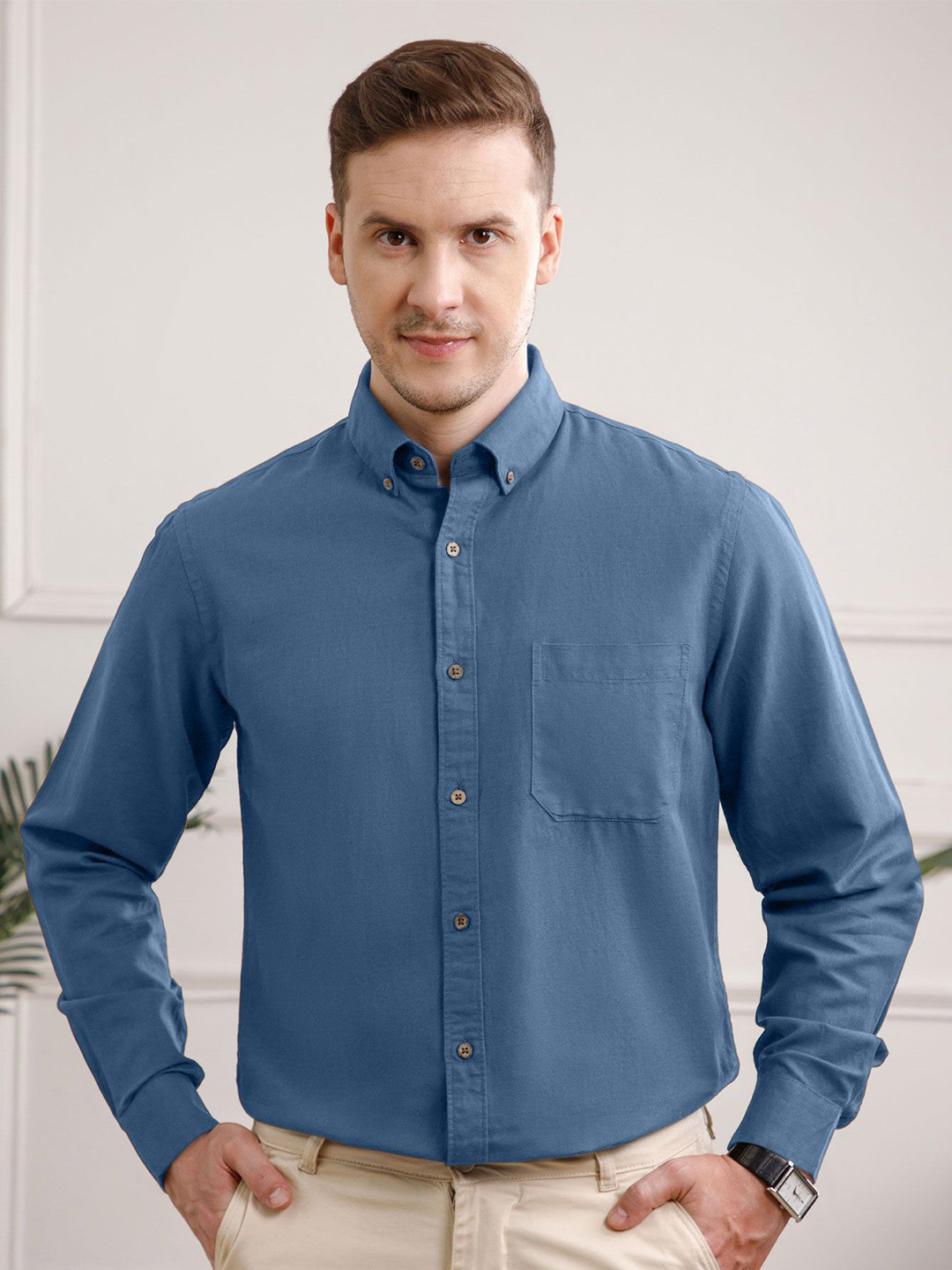 THE FORMAL CLUB Men Smart Solid Button-Down Collar Linen Formal Shirt