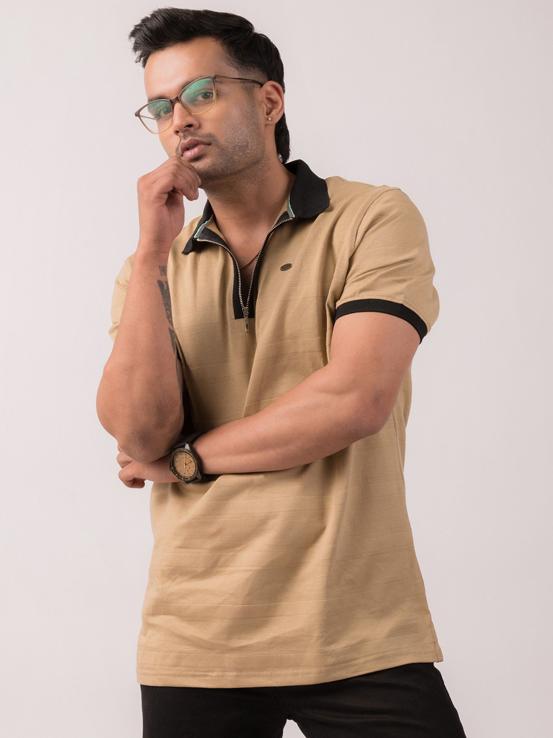 THREADS OF HARMAN Men Self Design Polo Collar Cotton Slim Fit T-shirt