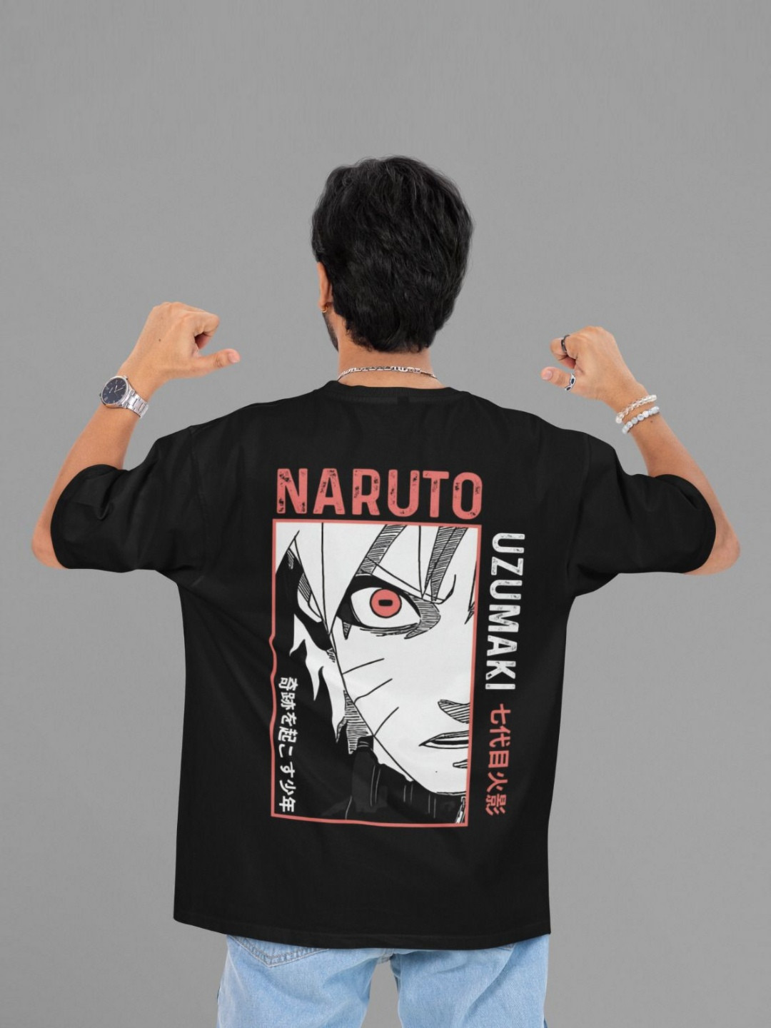 SNUG24 Men Uzumaki Naruto Graphic Printed Round Neck Cotton Oversized T-shirt