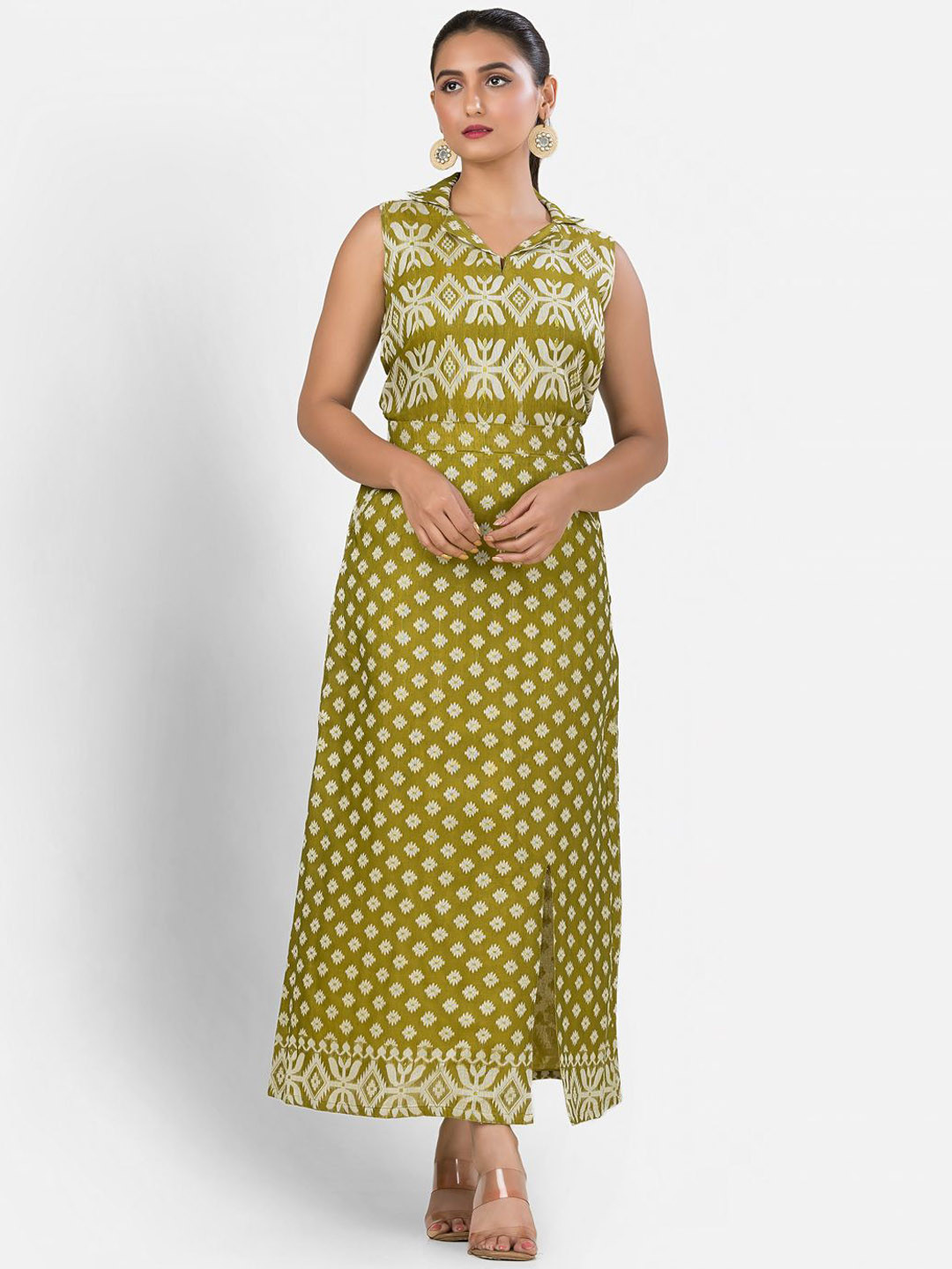 Crazy Needle Women Sleeveless Cotton Jamdani Top With Pencil Skirt