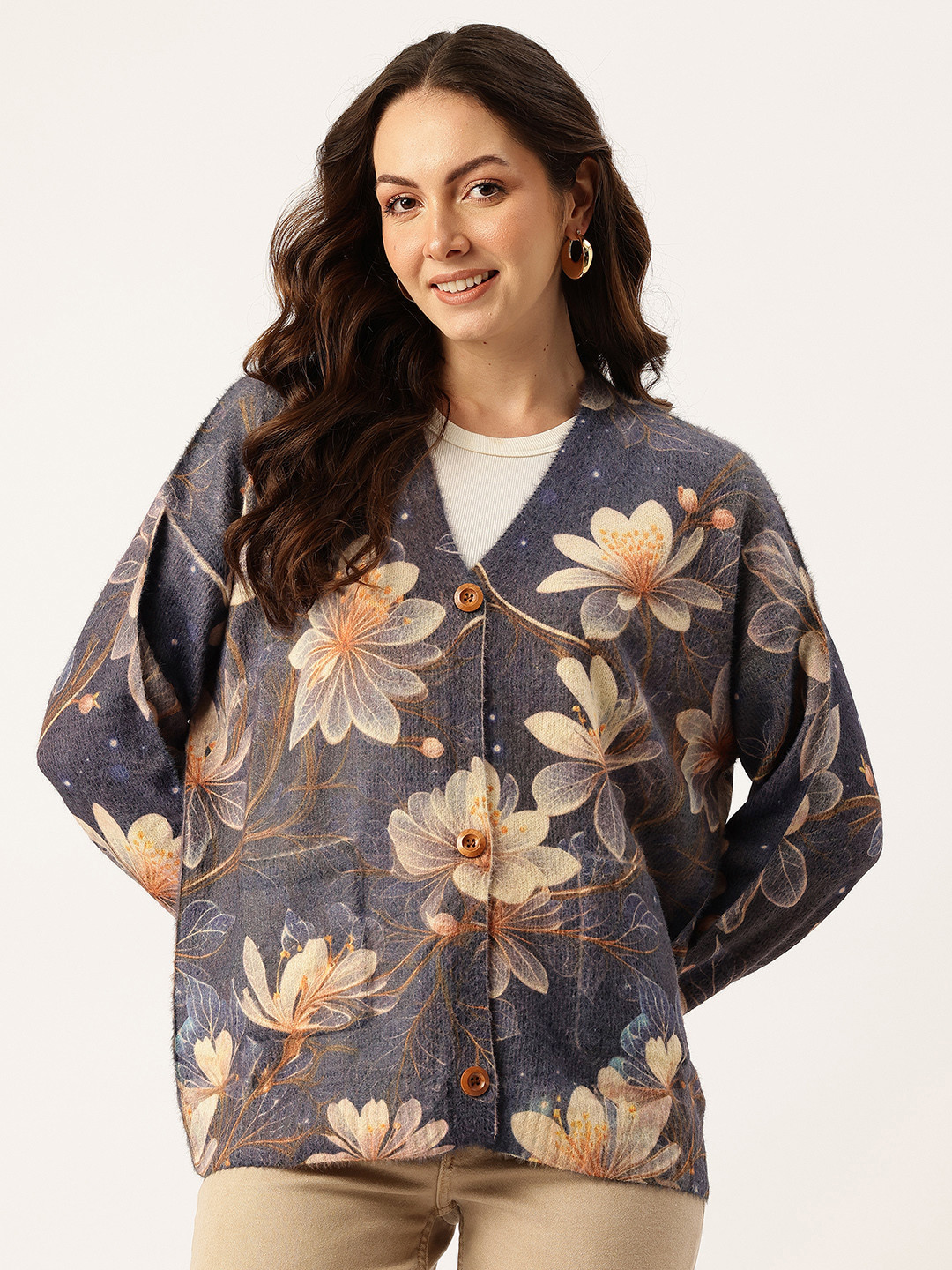 APSLEY Floral Self-Design V-Neck Drop-Sleeves Oversized Button-Down Cardigan
