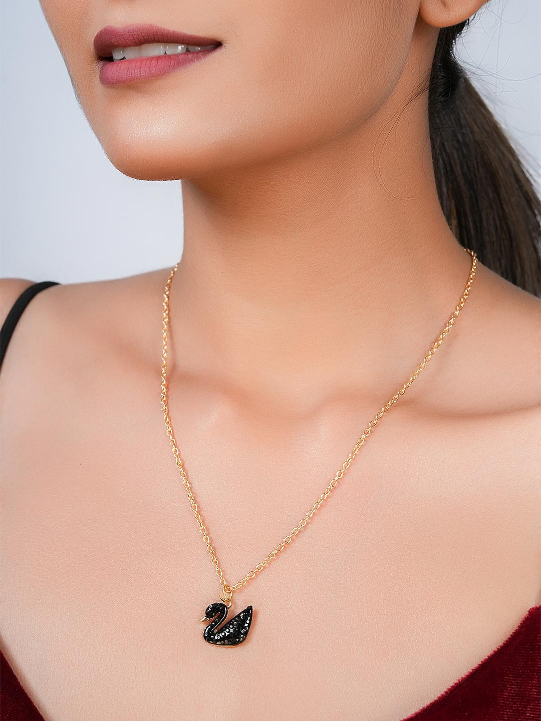 STYOLLO Set Of 3 Gold Plated Artificial Stones Studded Swan Pendants With Chains