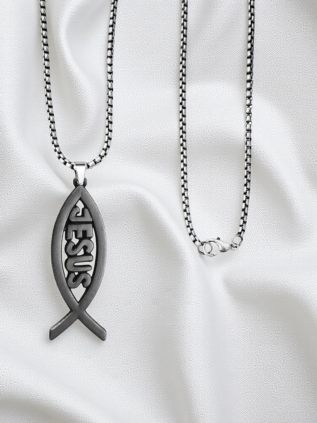 THE MEN GIFT Rhodium-Plated  Jesus Fish Metal Shaped Pendant With Chain